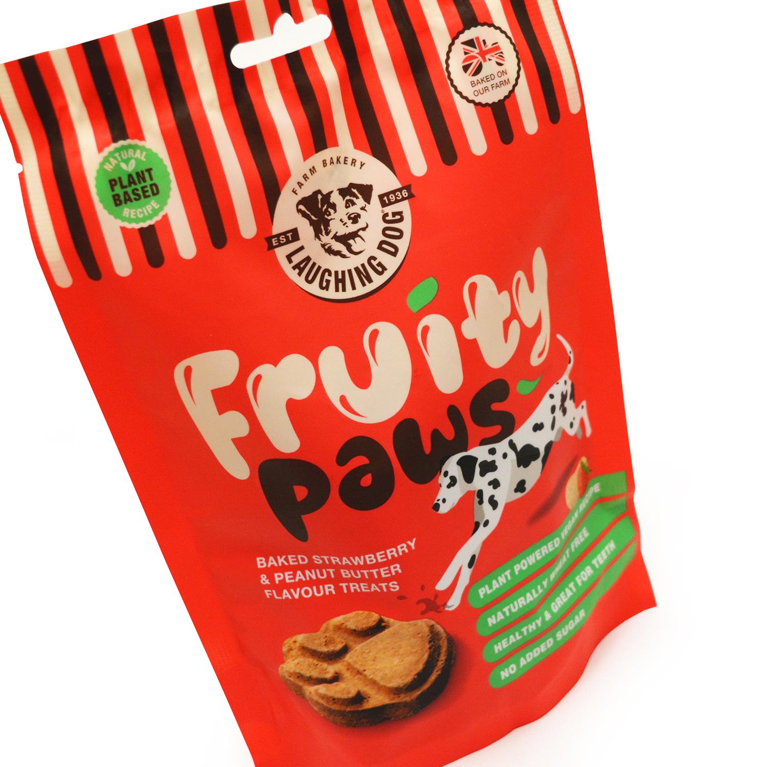 Close up of a pack of Laughing Dog Fruity Paws Vegan Dog Biscuits