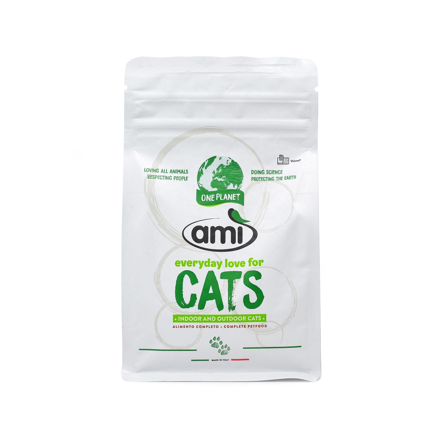 Front of a small bag of Ami Vegan Cat Food