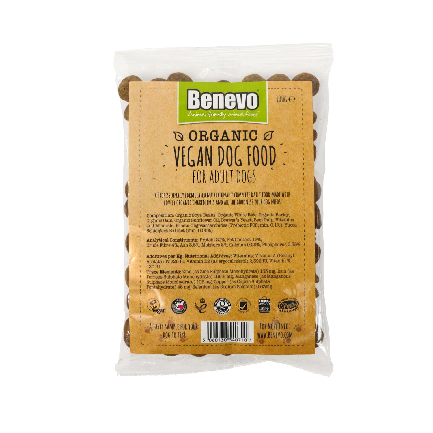 Front of a sample pack of Benevo Organic vegan dog food