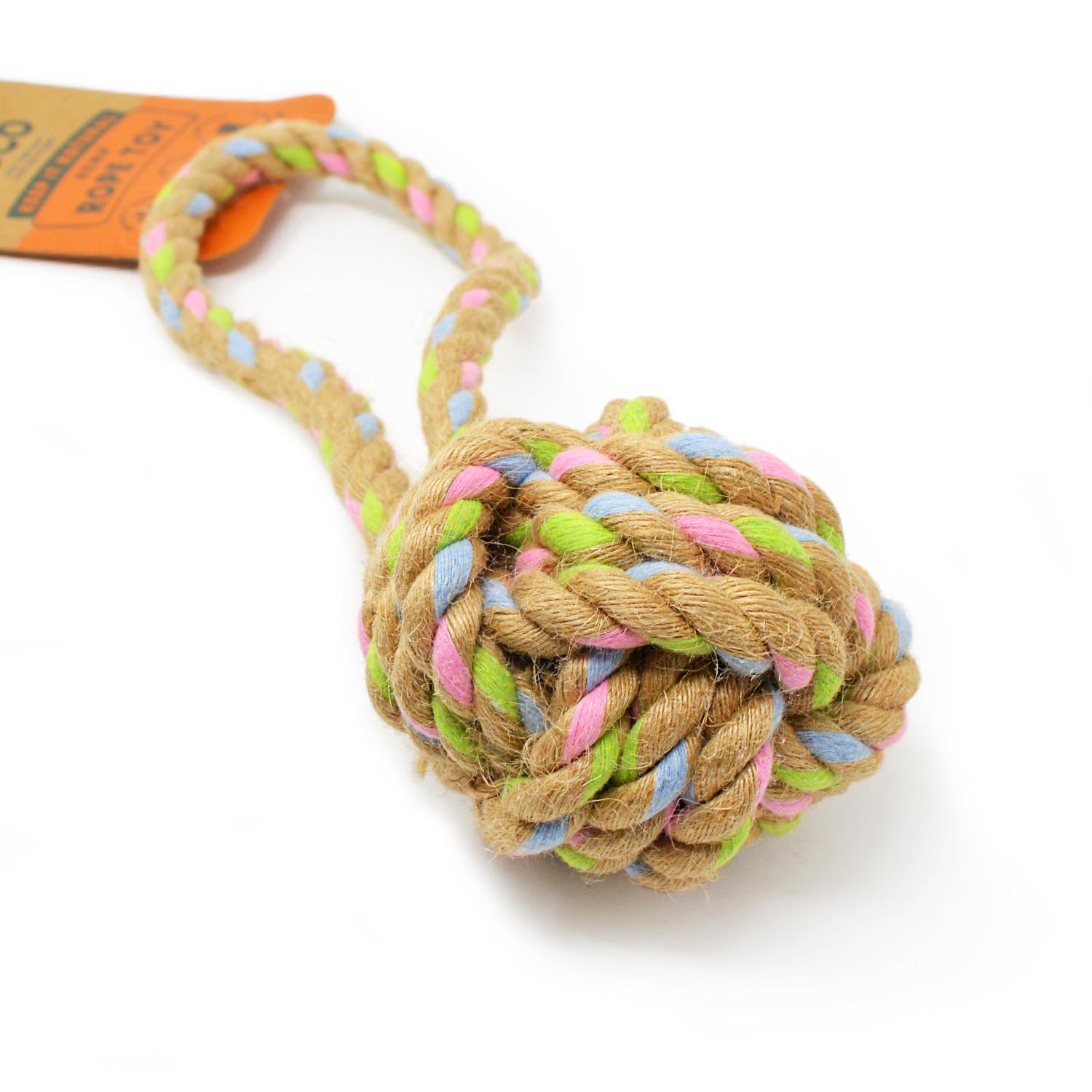 Close up of a medium Beco natural hemp rope ball with handle dog toy