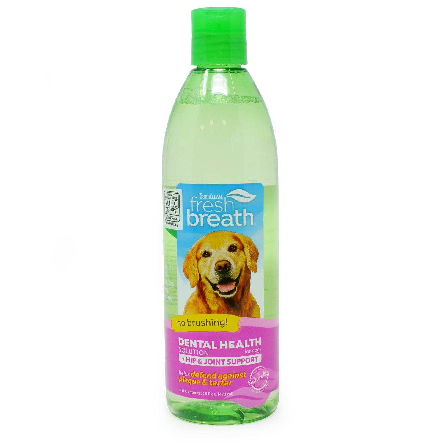 Front of a bottle of TropiClean Pet Oral Care water for Hip and Joint Health
