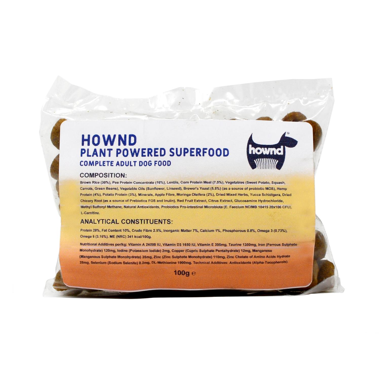 Front of a sample pack of Hownd Plant Powered Vegan Dog Food