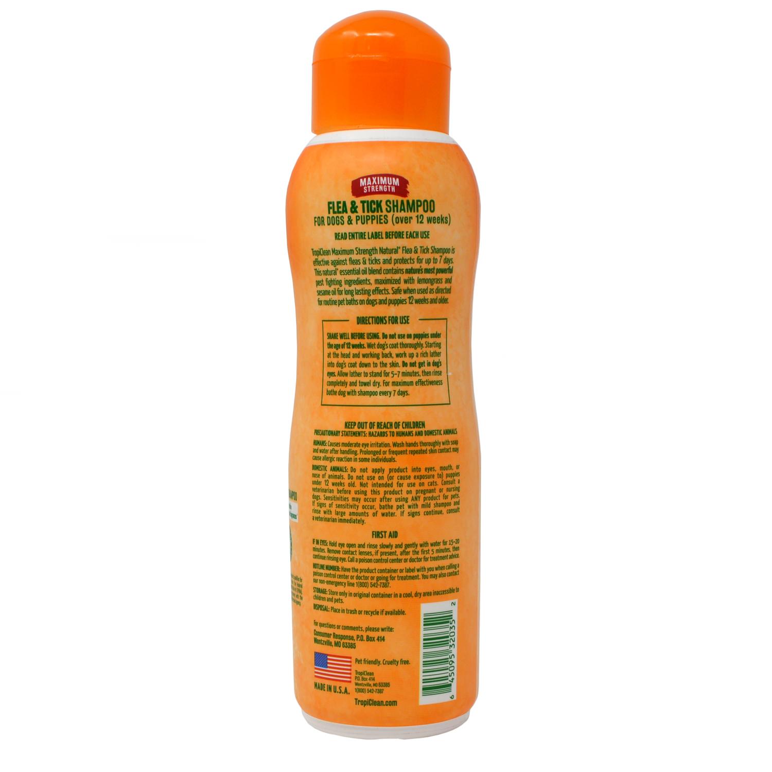 Back of a bottle of TropiClean Natural Flea and Tick Dog Shampoo