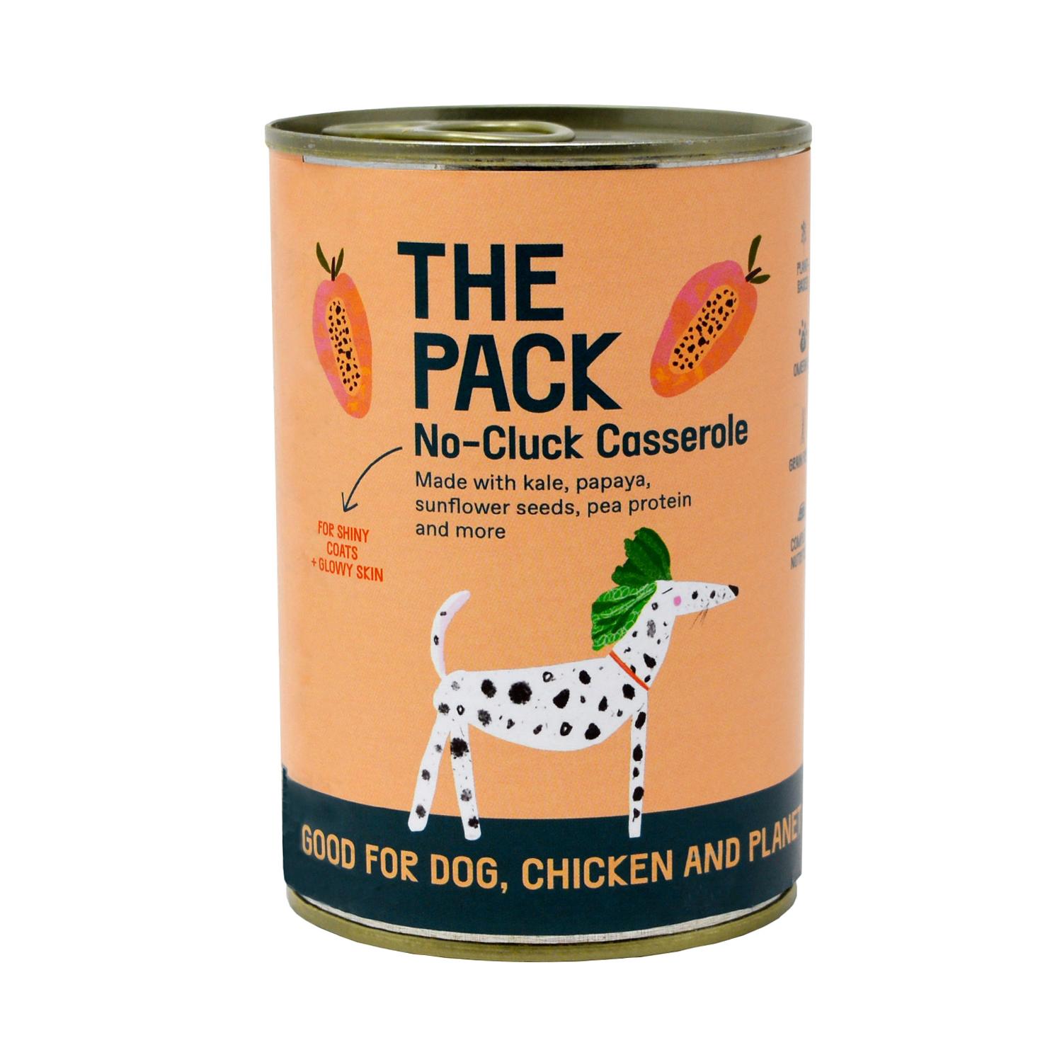 Front of a can of The Pack No-Cluck Casserole Vegan Dog Food