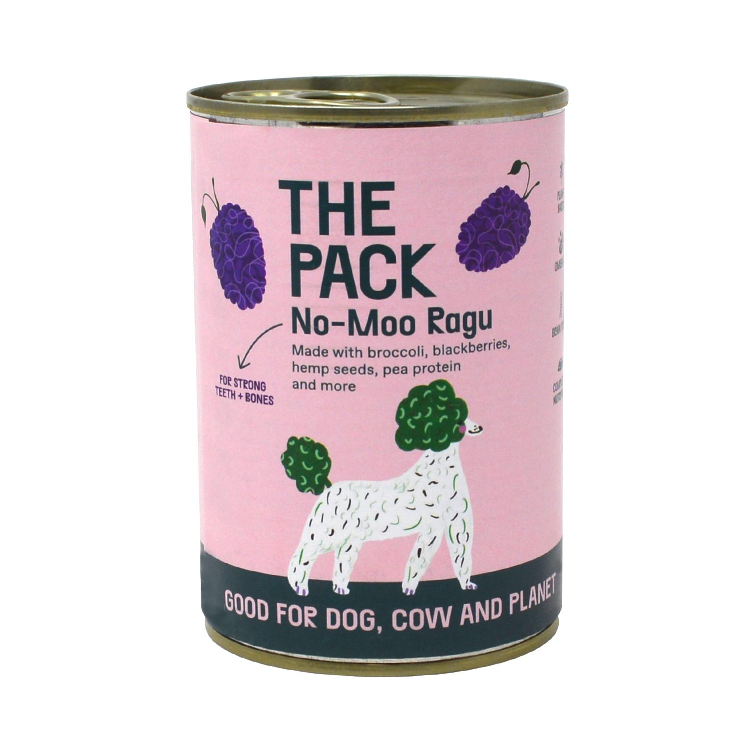 Front of a can of No-Moo Ragu Hypoallergenic Vegan Dog Food from The Pack