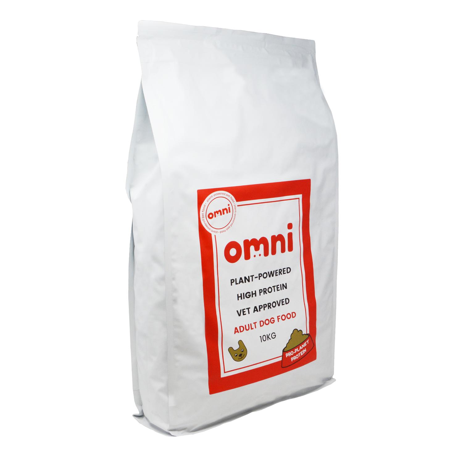 An angled 10kg bag of Omni vegan dog food