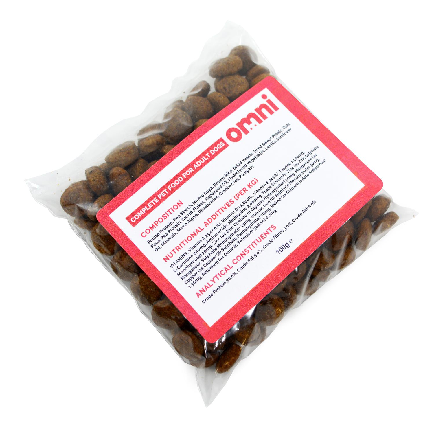 And angled view of a sample pack of Omni vegan dog food