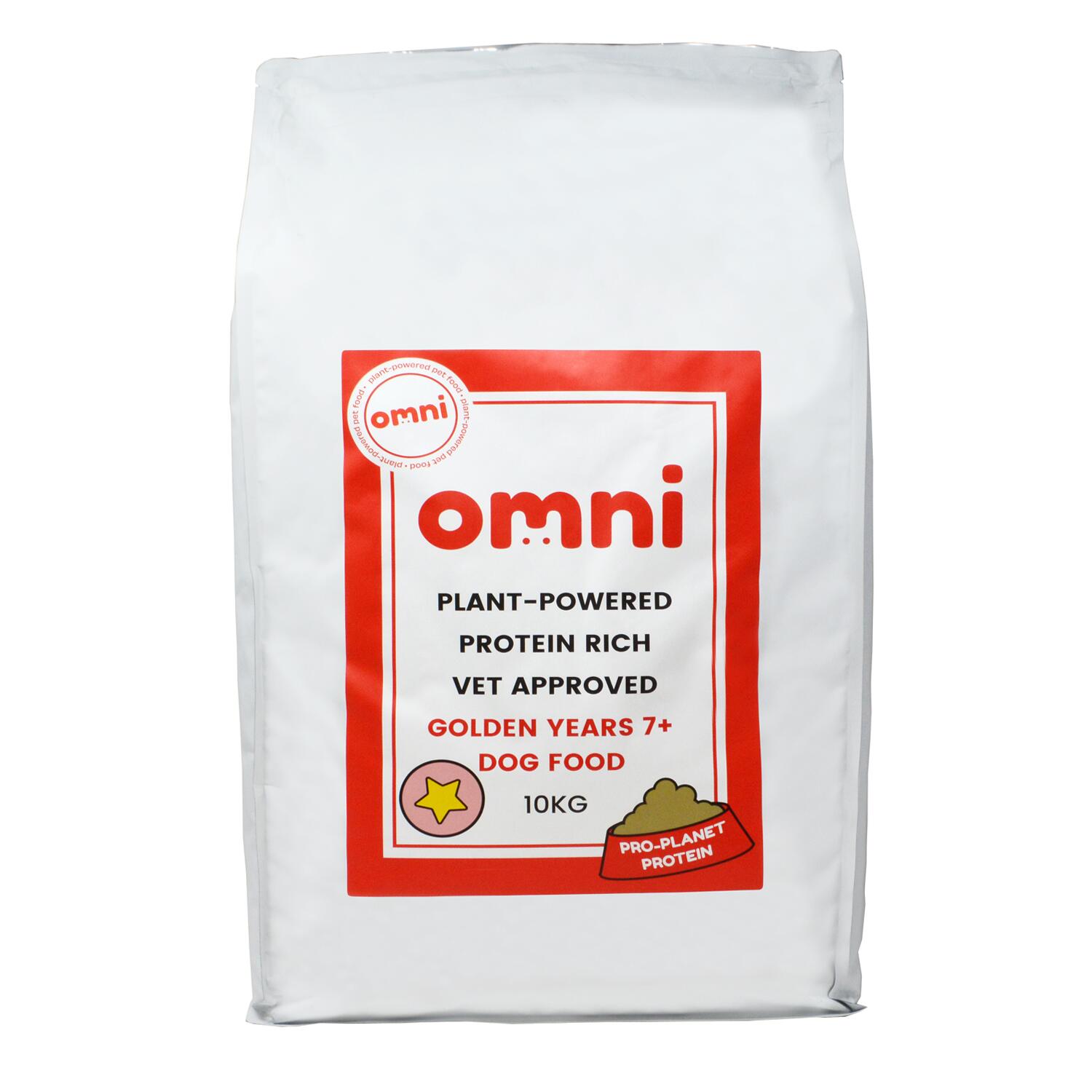 Front of a 10kg bag of Omni plant based complete dog food