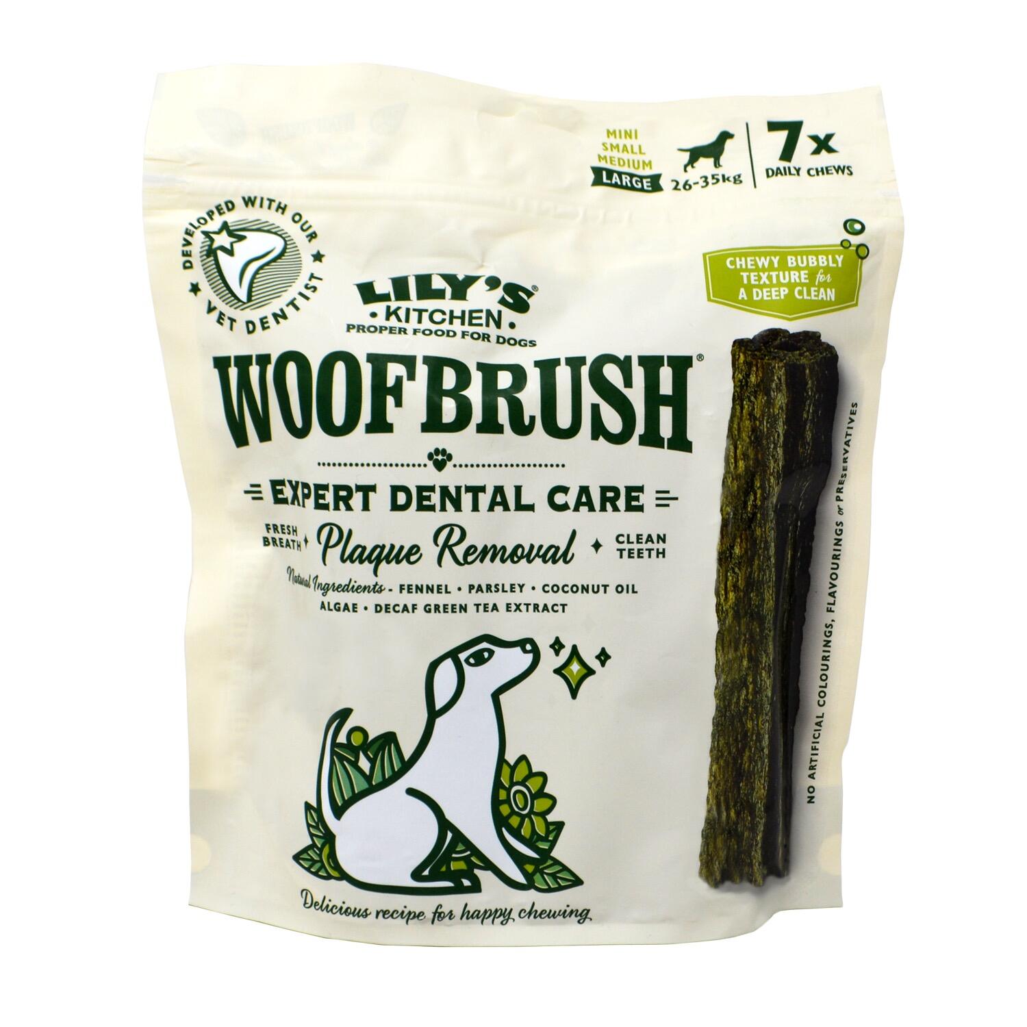 Front of a pack of Lily's Kitchen Woofbrush, Large Plant Based Grain Free Dog Chews