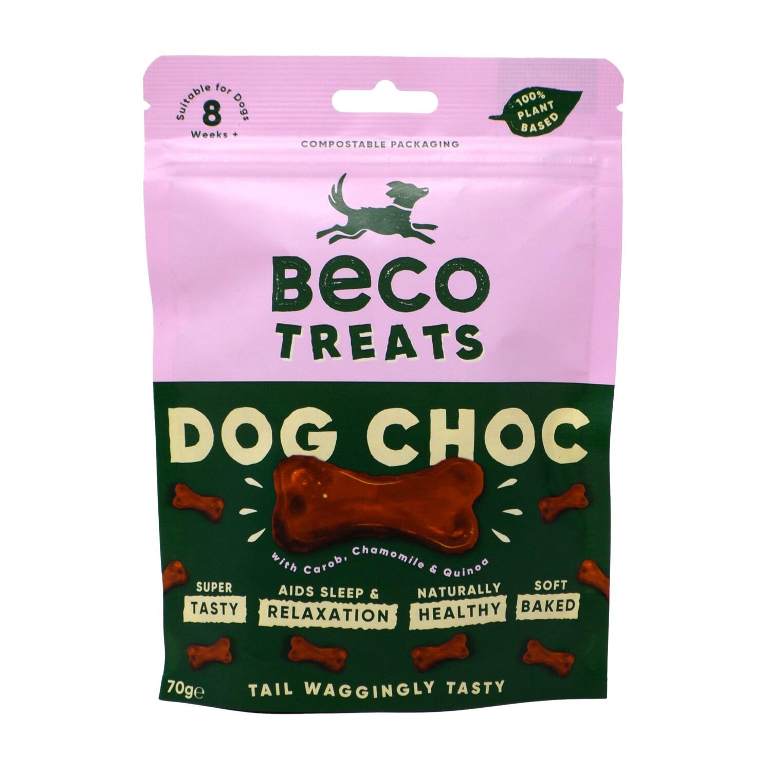 Front of a pack of Beco Dog-choc flavoured vegan dog biscuits