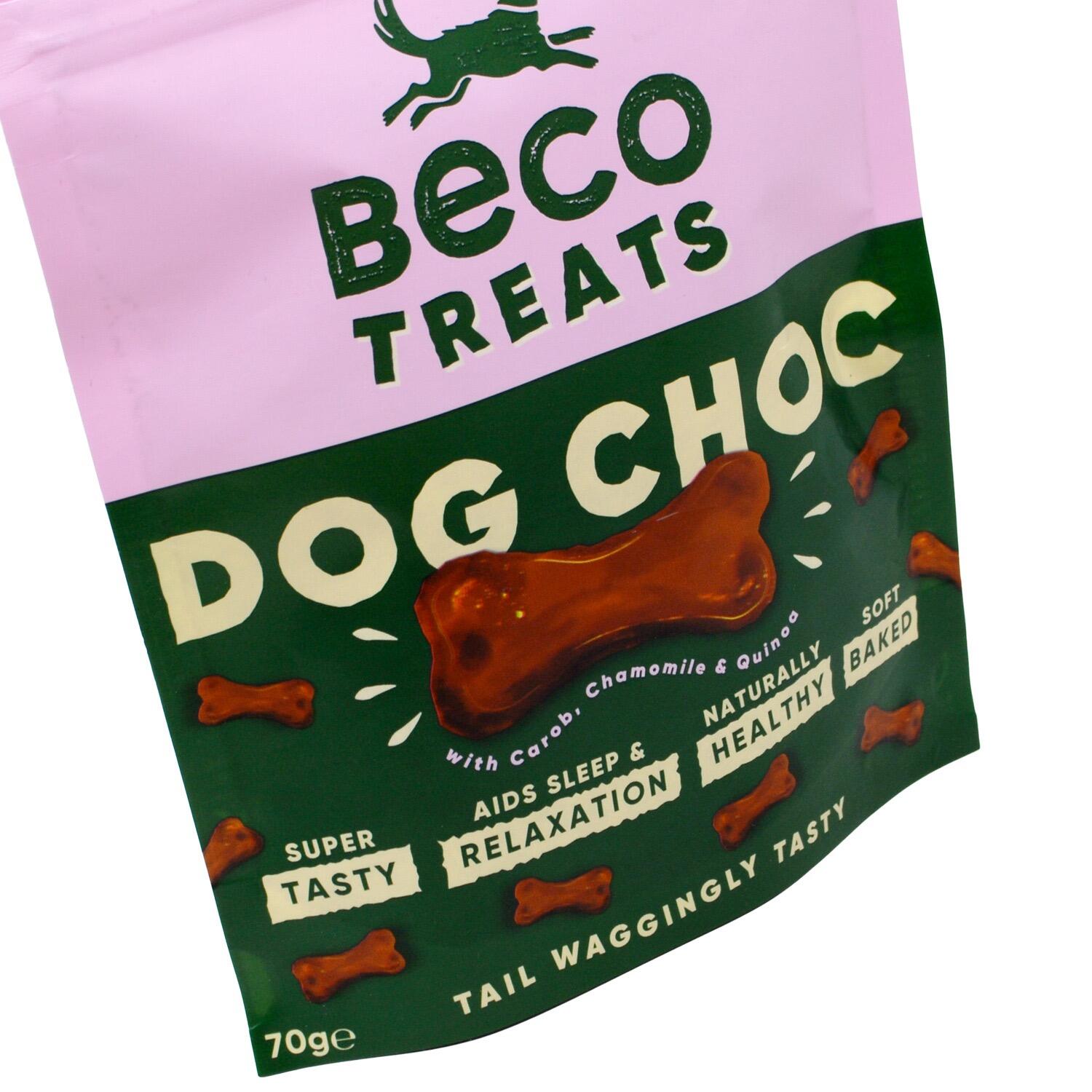 Close up of a pack of Beco Dog-choc flavoured vegan dog biscuits