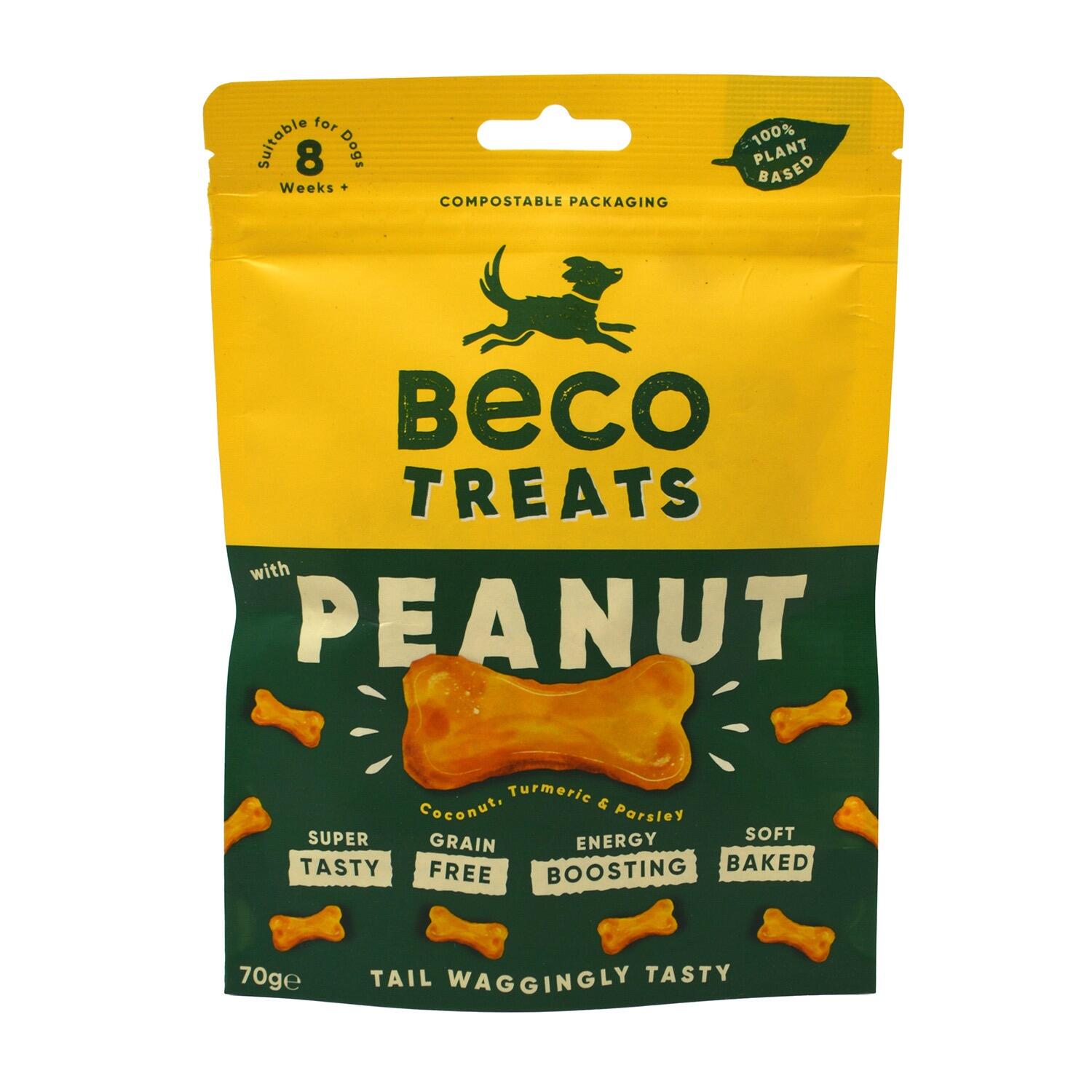 Front of a pack of Beco Peanut Flavoured Vegan Dog Biscuits