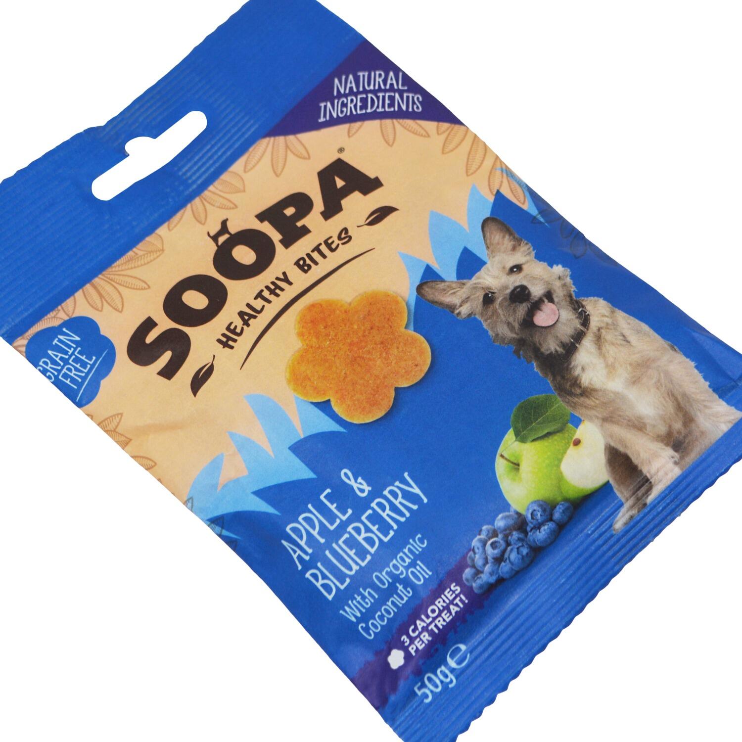 An angled pack of Soopa Apple and Blueberry Plant Based low Fat Dog Chews