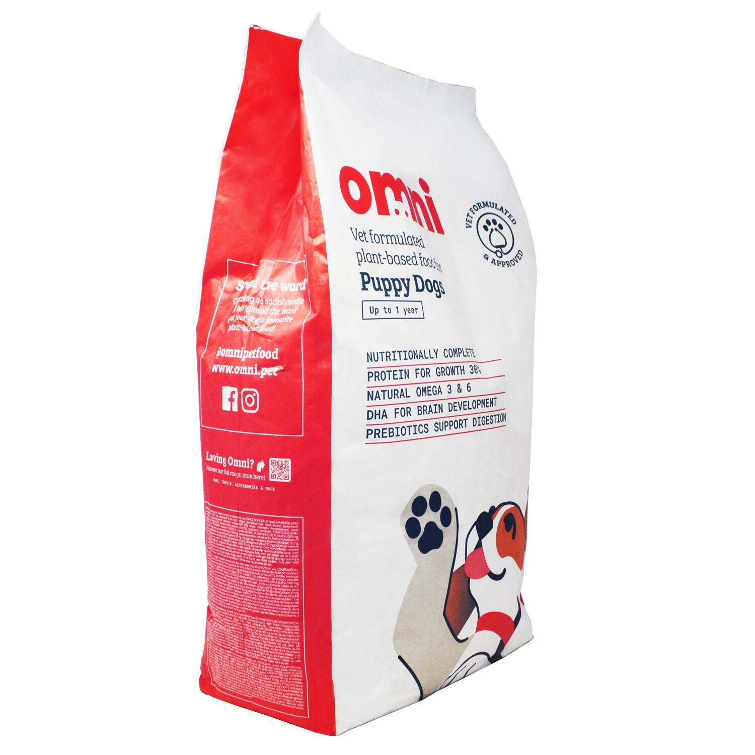 An angled view of a 10kg bag of omni nutritionally complete vegan puppy food