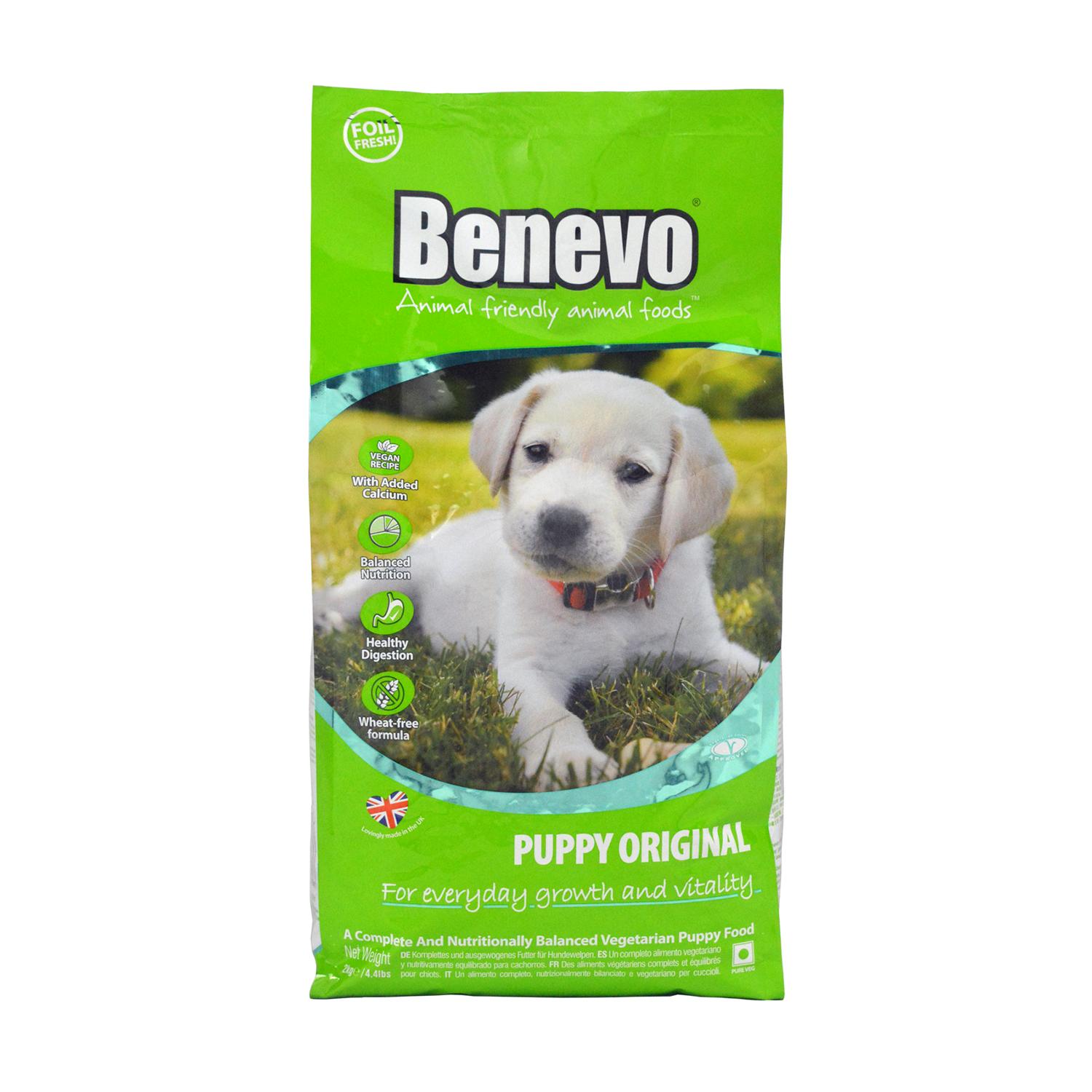 Front of a pack of 2kg bag of Benevo Vegan Puppy Food