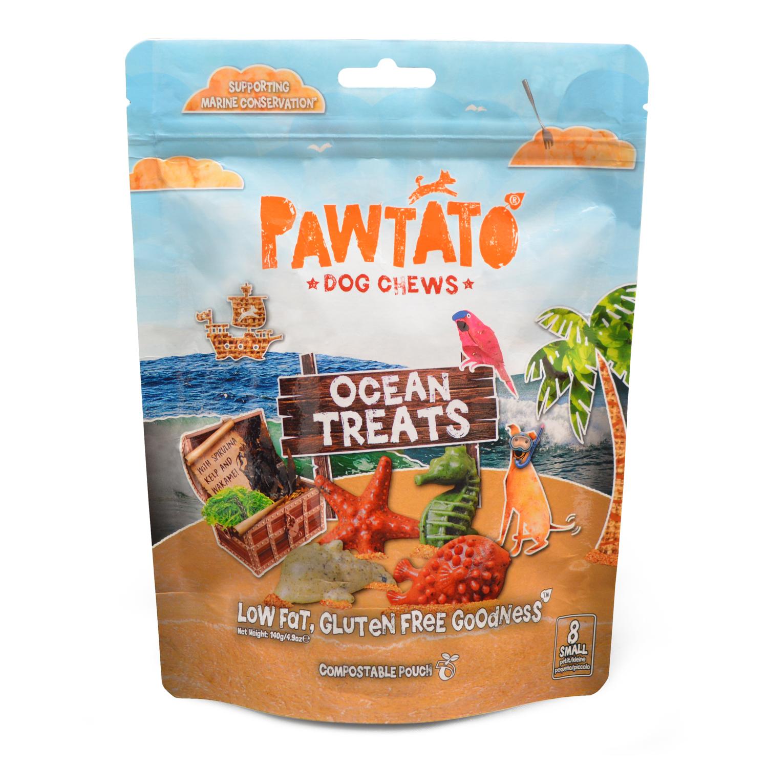 Front of a pack of Pawtato Ocean Treats small vegan dog chews