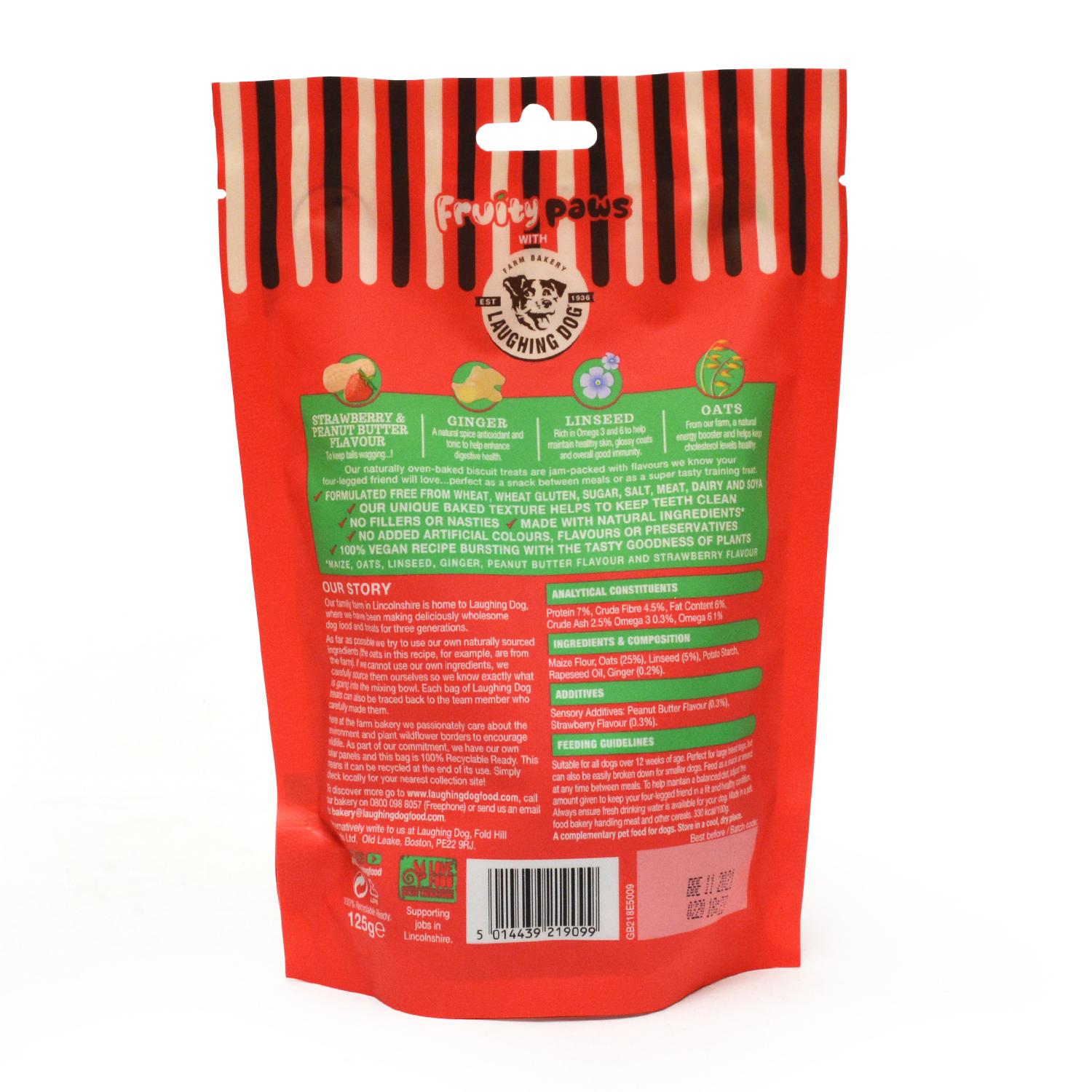 Back of a pack of Laughing Dog Fruity Paws Vegan Dog Biscuits