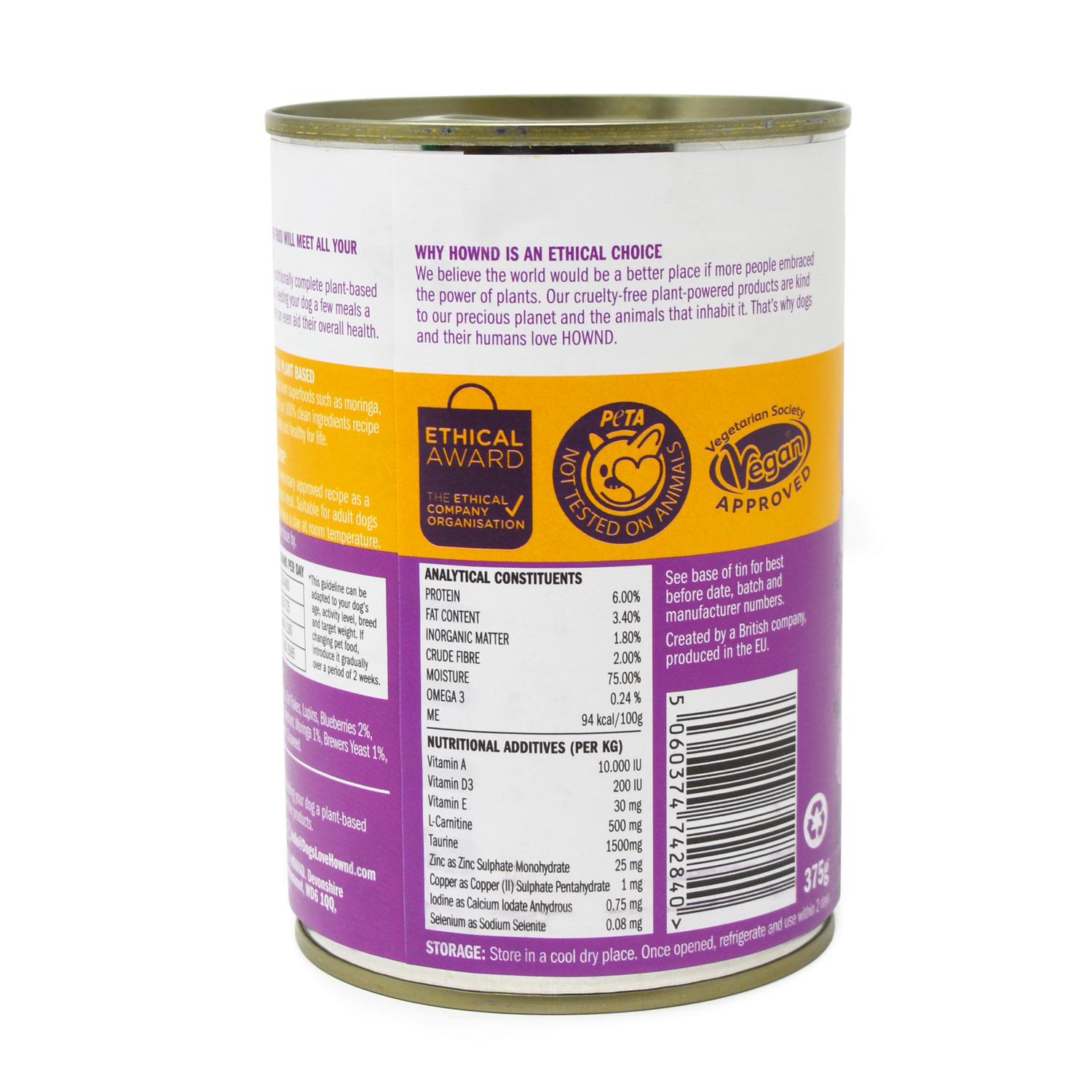 Back of a can of Blueberry & Coconut Porridge vegan dog food