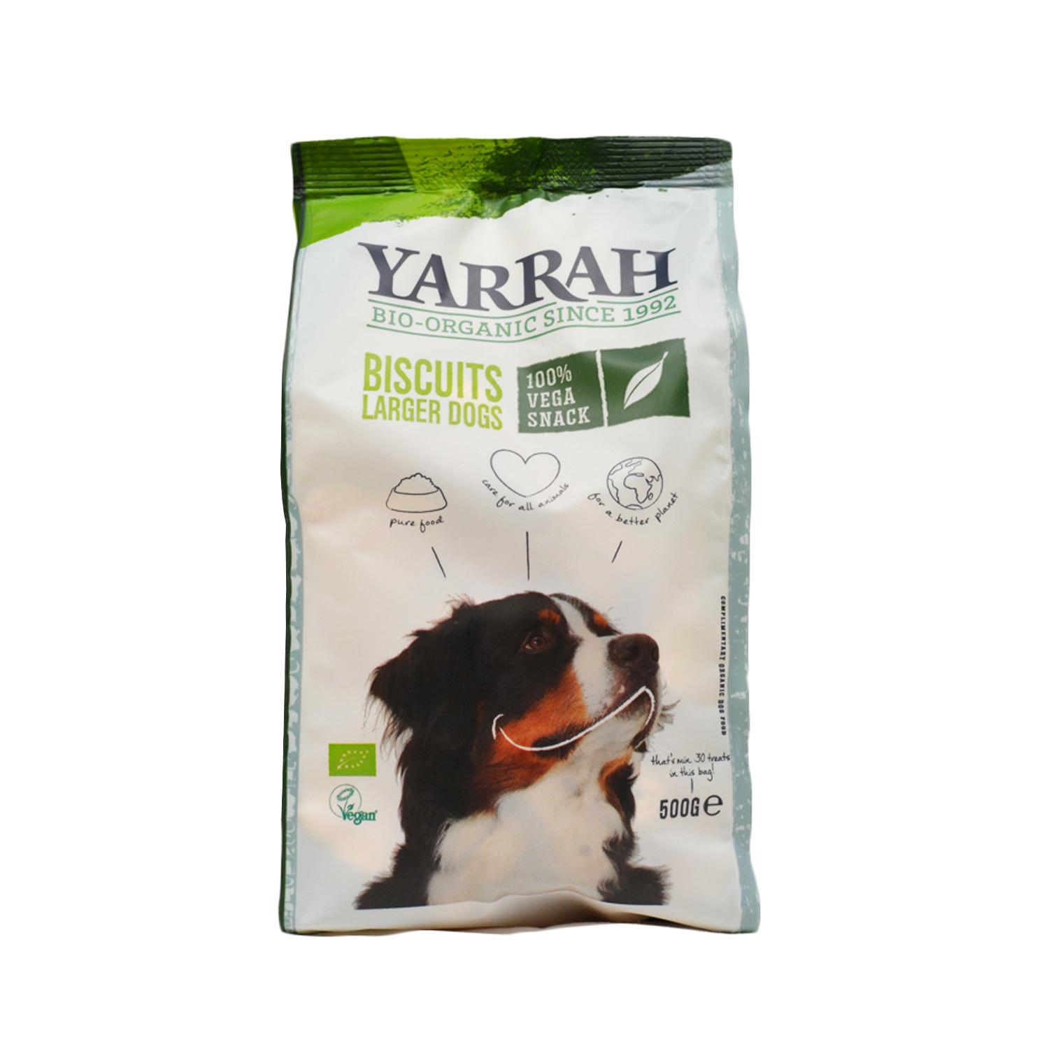 Front of a pack of Yarrah Organic Large Vegan Dog Biscuits