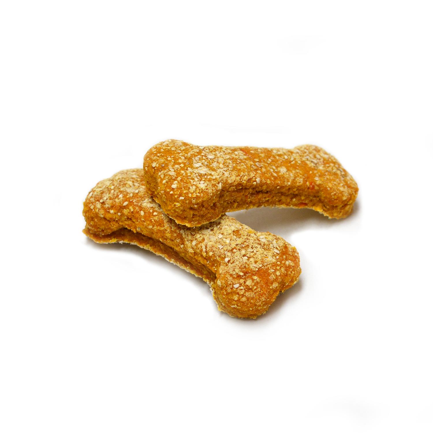 Two Booster Sweet Potato, Peanut Butter and Turmeric small bone shaped vegan dog biscuits