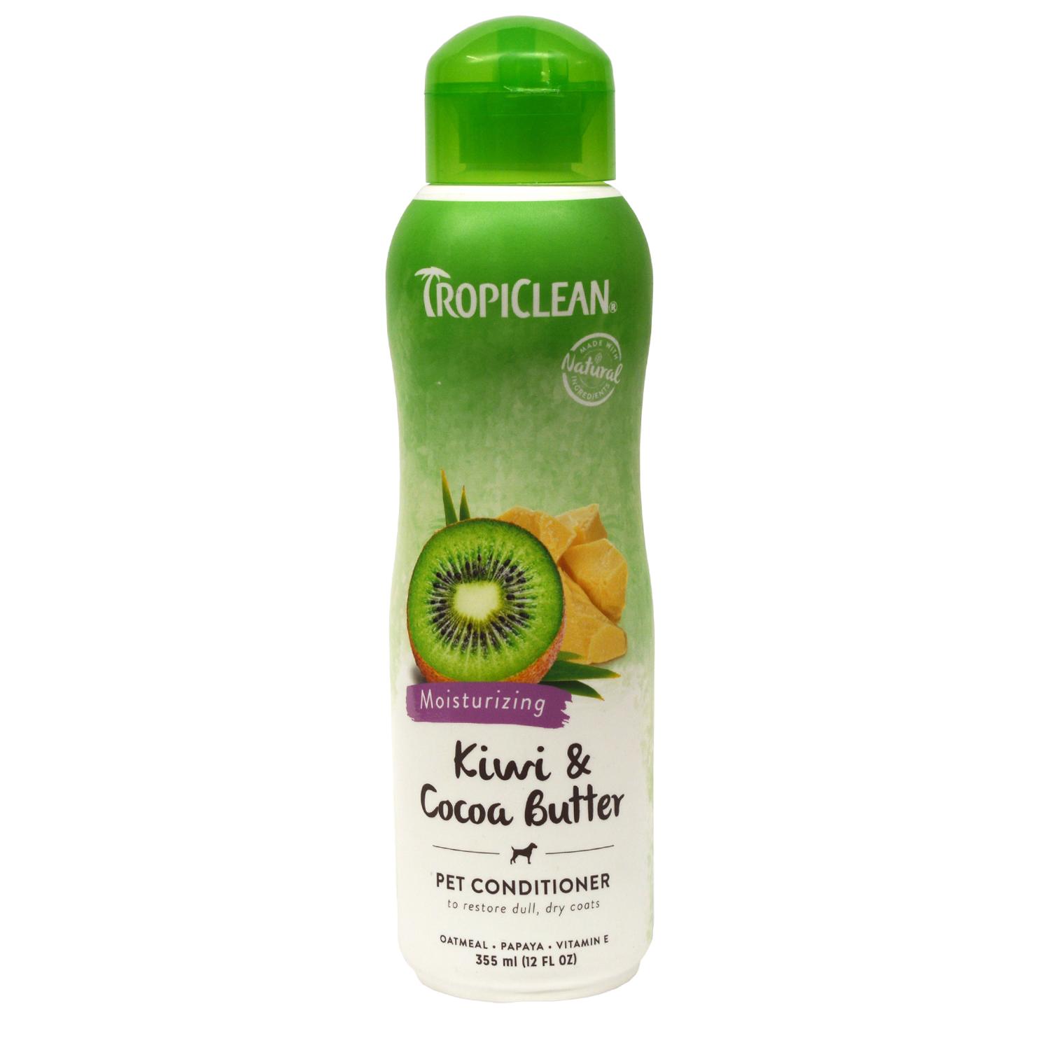 Front of a bottle of Tropiclean Moisturising Kiwi and Cocoa Butter Pet Conditioner