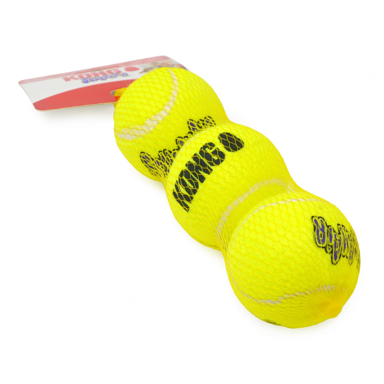 Close up of a pack of three Kong Air Squeaker Tennis Ball Dog Toys