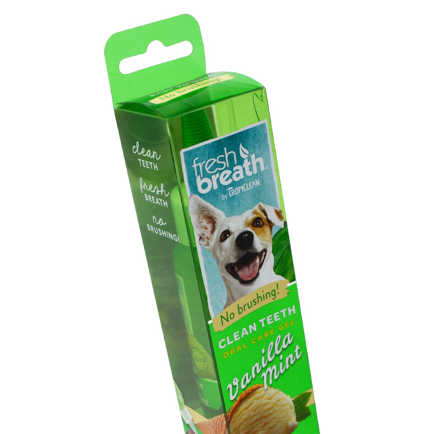 Close up of a pack of TropiClean Vanilla Mint Flavoured Oral Care Gel for Dogs