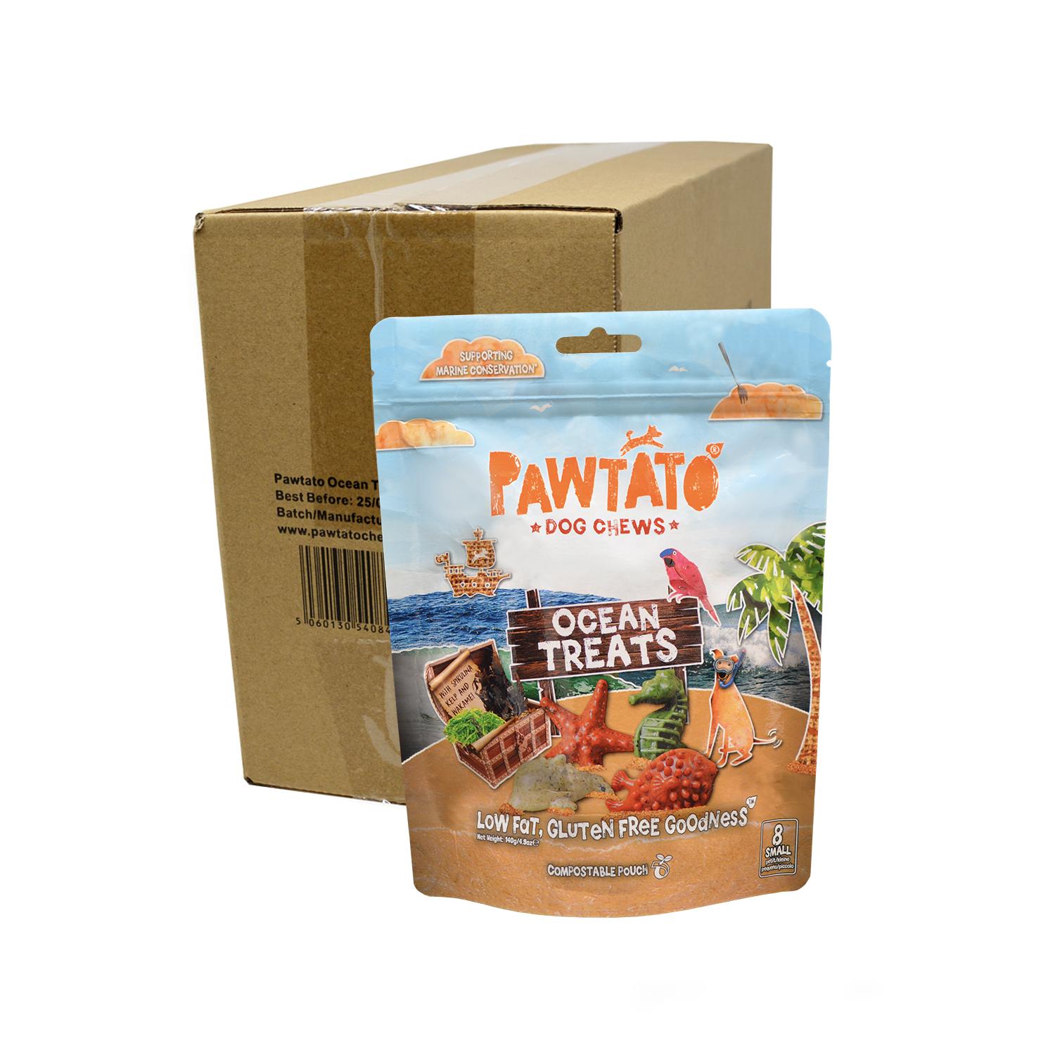A bulk case of Pawtato Small Grain Free Ocean Treats Vegan Dog Chews