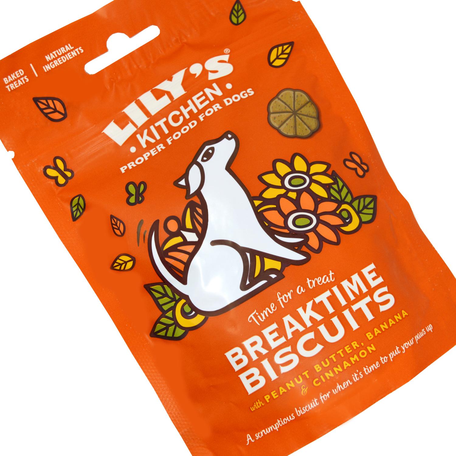 Close up of the front of a pack of Lily's Kitchen Breaktime Dog Biscuits