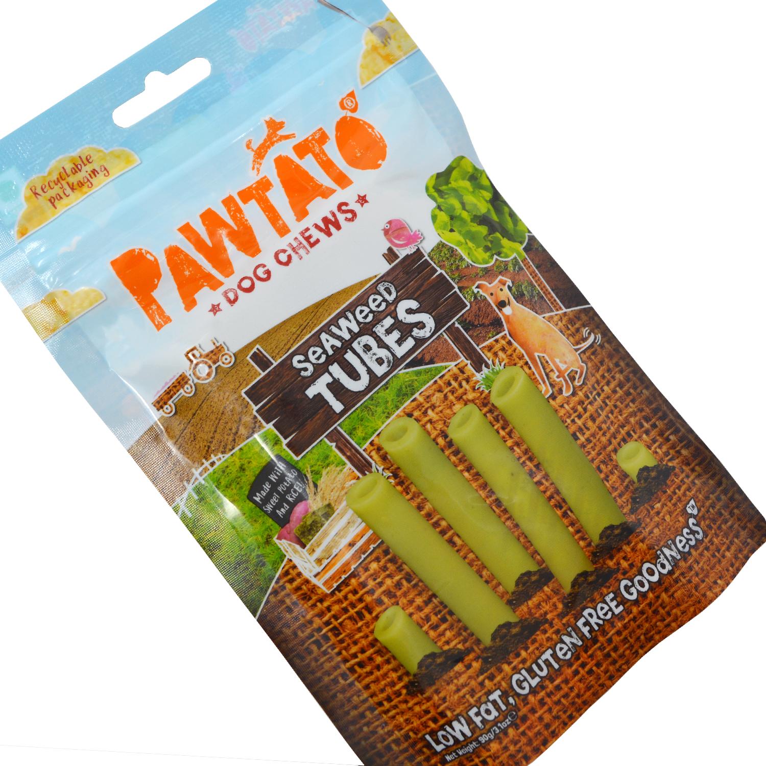 Close up of a pack of Pawtato Seaweed Tubes Vegan Dog Chews