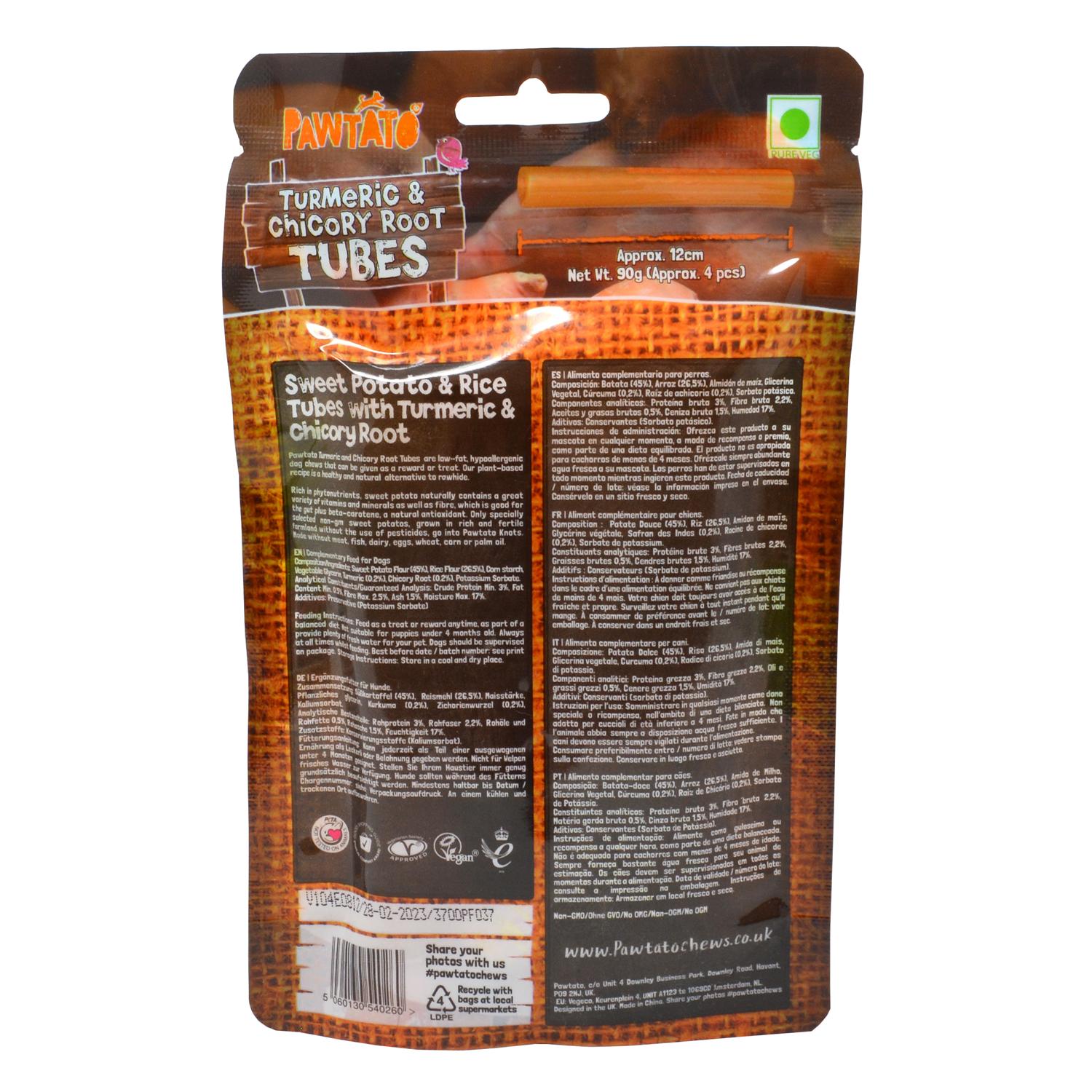Back of a pack of Pawtato vegan turmeric and chicory root tubes dog chews