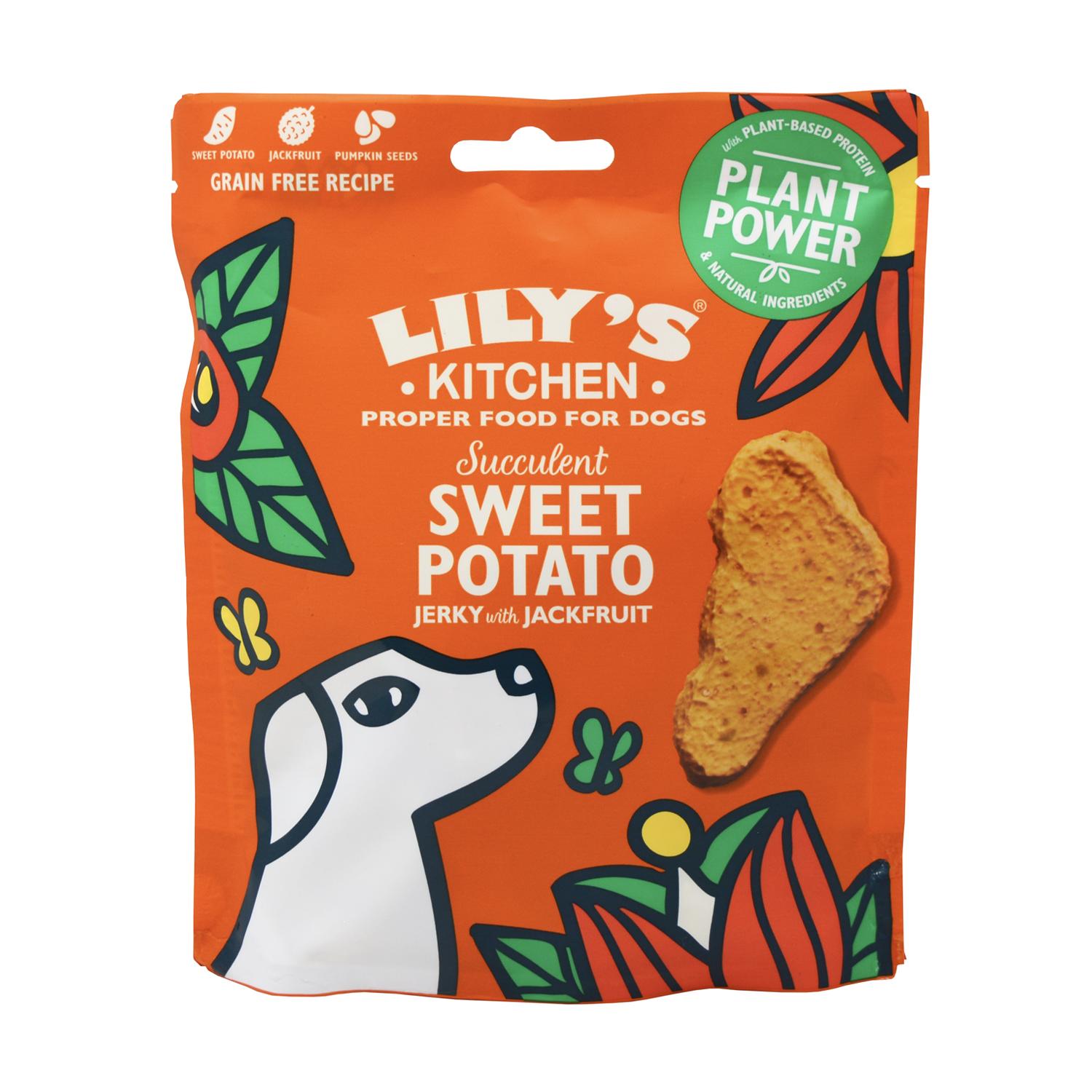 Front of a pack of Lily's Kitchen Vegan Sweet Potato Jerky for dogs