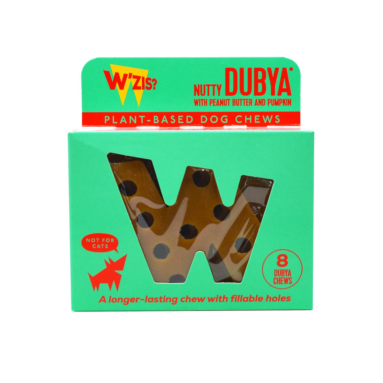Front of a pack of W'ZIS? Nutty dubya small sized vegan dog chews