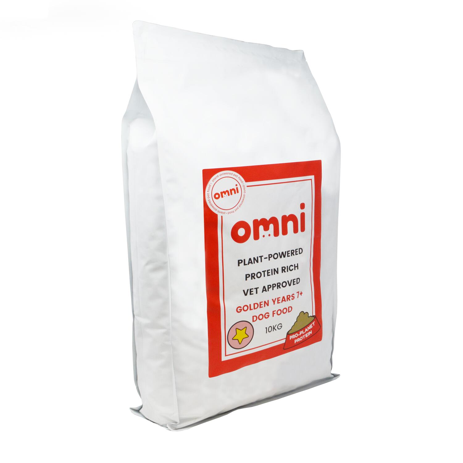 An angled view of a 10kg bag of Omni hypoallergenic complete dog food