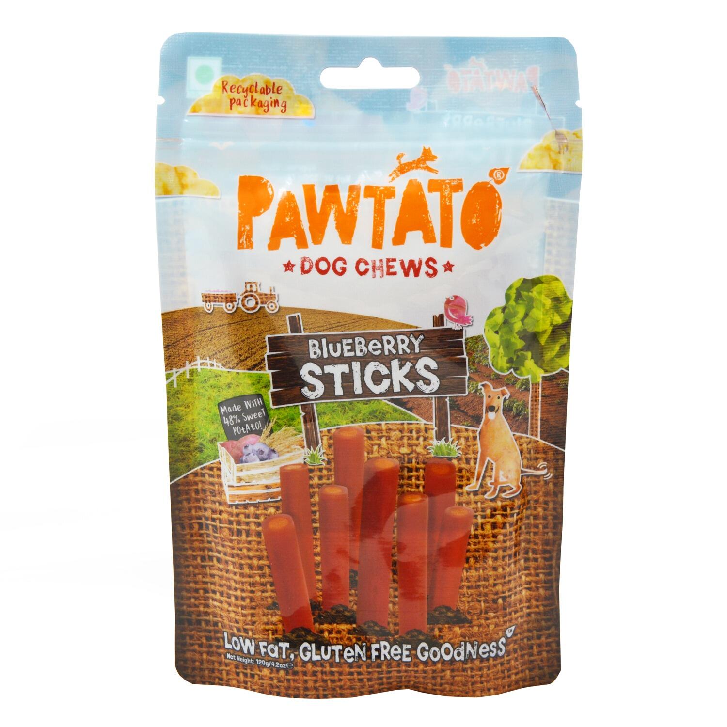 Front of a pack of Pawtato blueberry flavoured vegan dog chew sticks