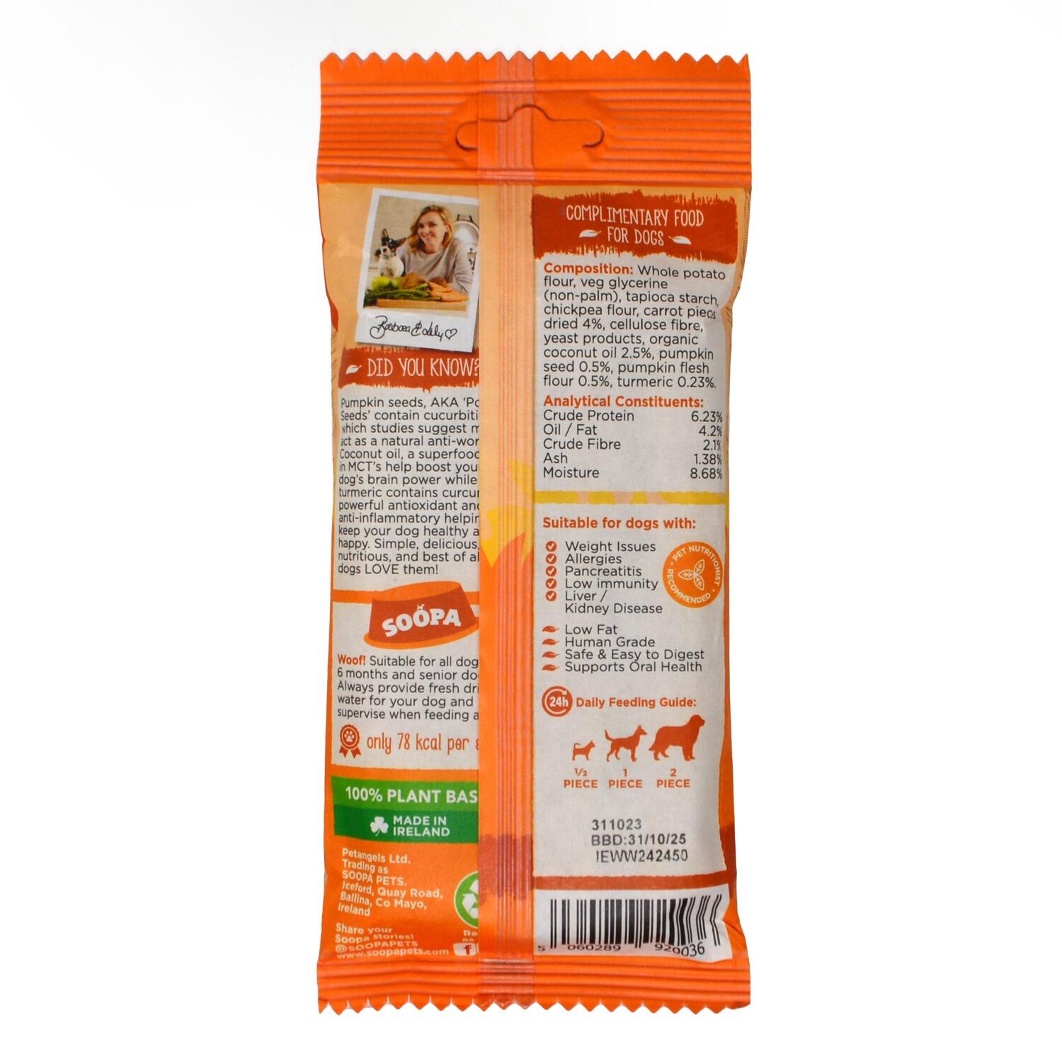 Back  of a pack of Soopa Carrot and Pumpkin Dental Stick Grain Free Dog Chews