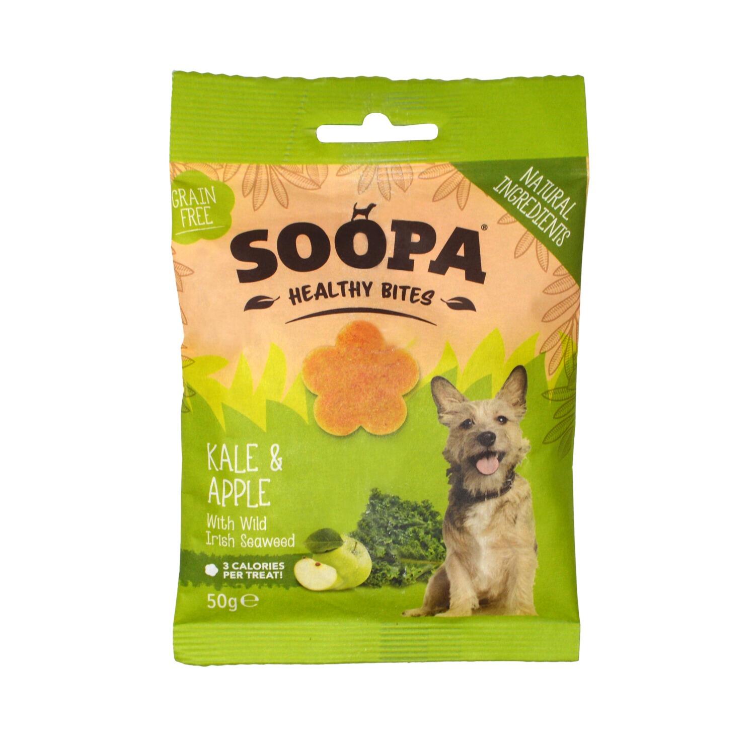 Front of pack of Soopa Apple and Kale Healthy Bites Vegan Dog Chews