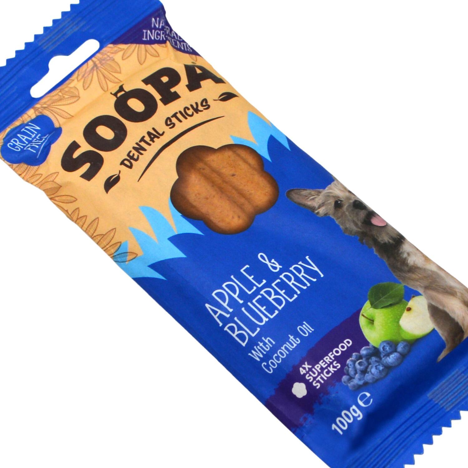Close up of a pack of Soopa Apple and Blueberry Grain Free Plant Based Dog Chews