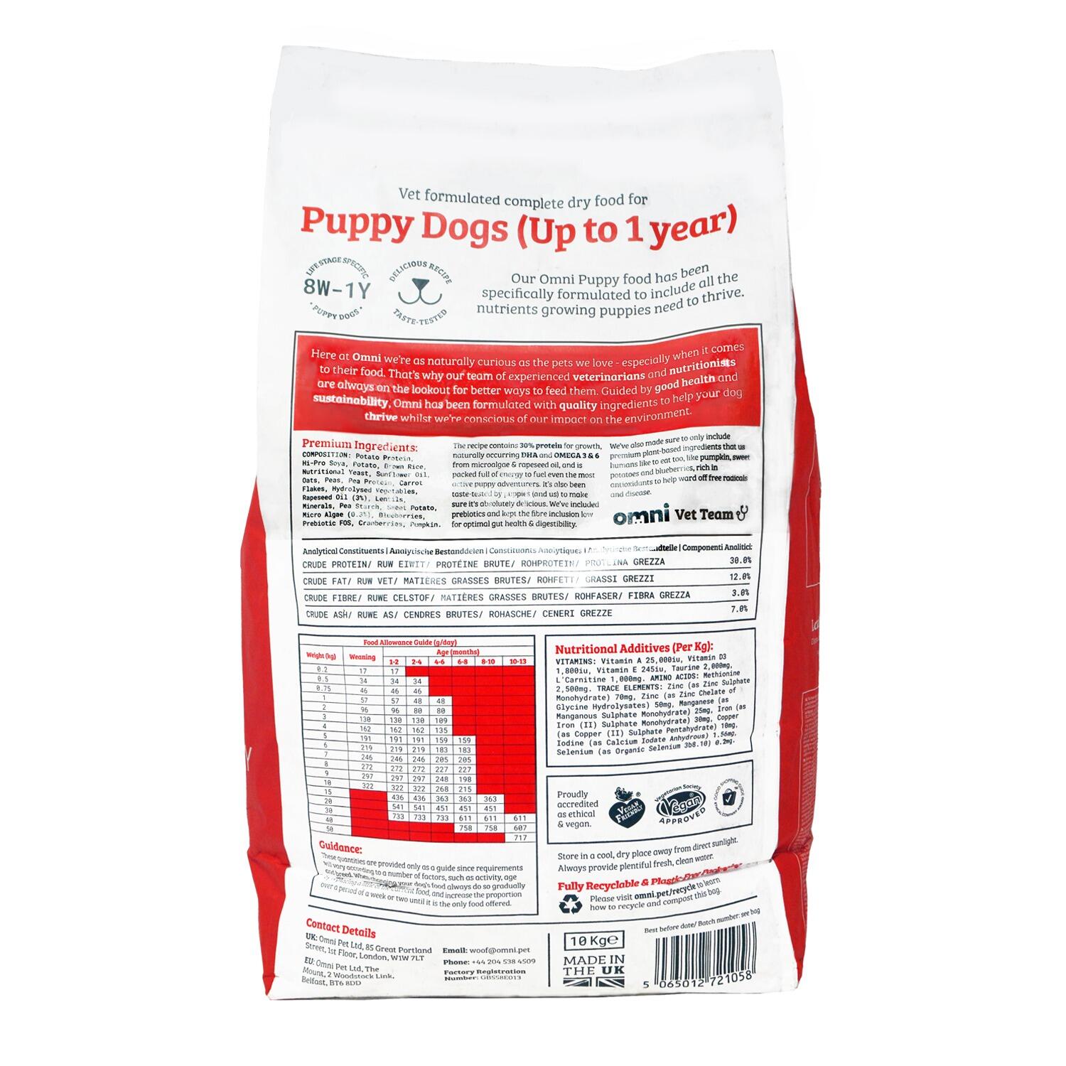 Back of a 10kg bag of Omni Complete Vegan Puppy Food
