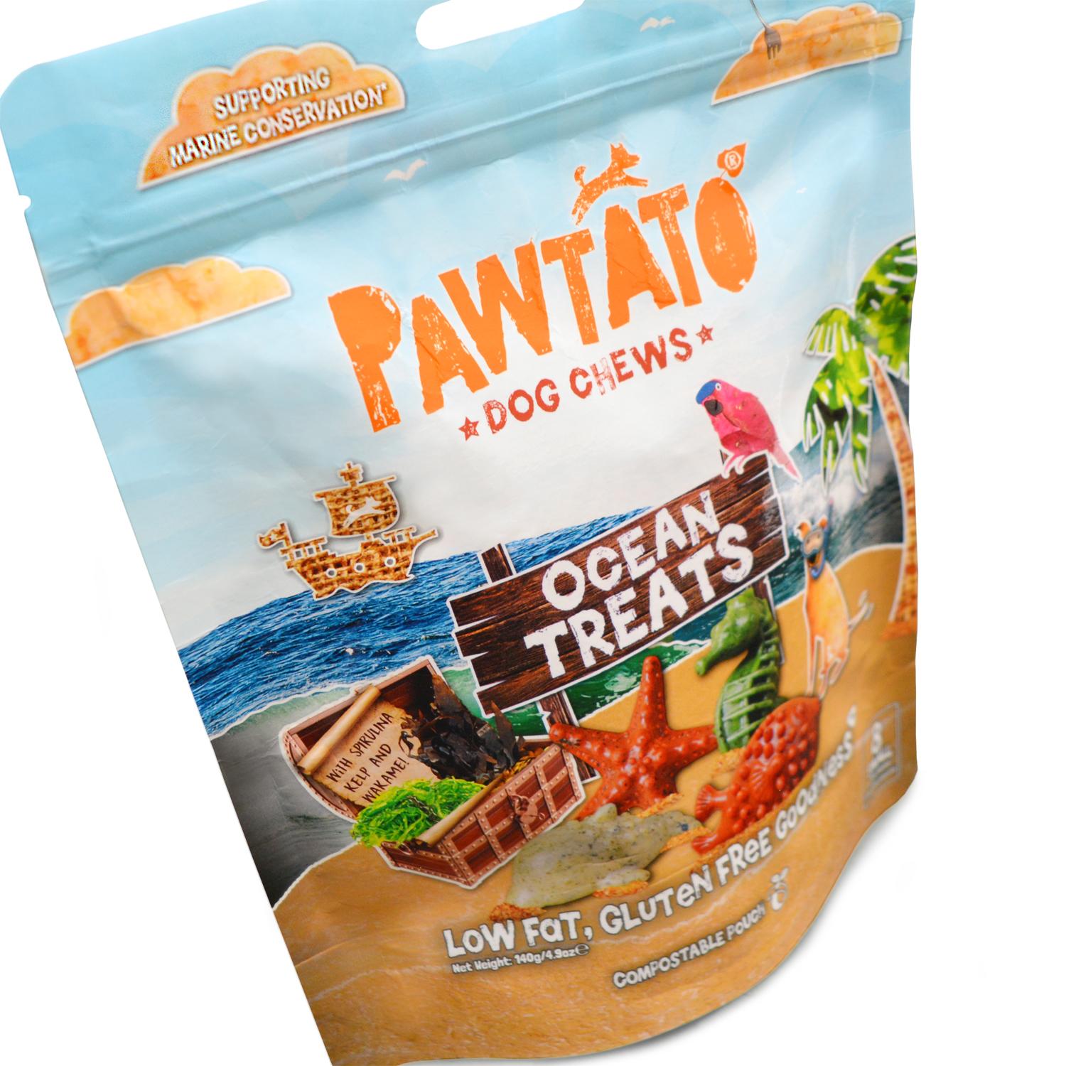 Close up of a pack ofFront of a pack of Pawtato Ocean Treats small vegan dog chews