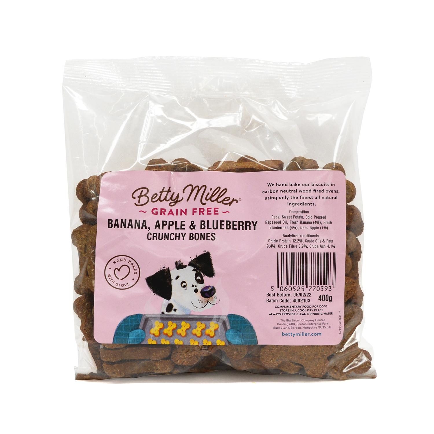 Front of a pack of Betty Miller fruit flavoured vegan dog biscuits
