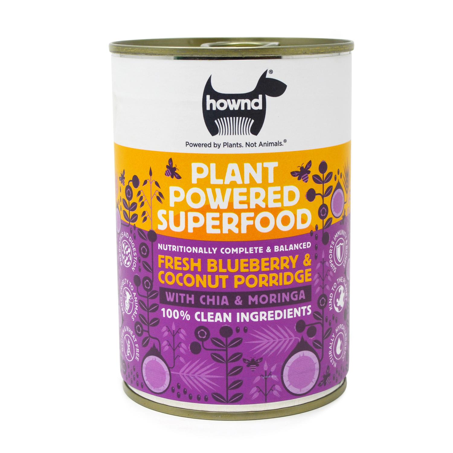 Front of a can of Blueberry & Coconut Porridge vegan dog food