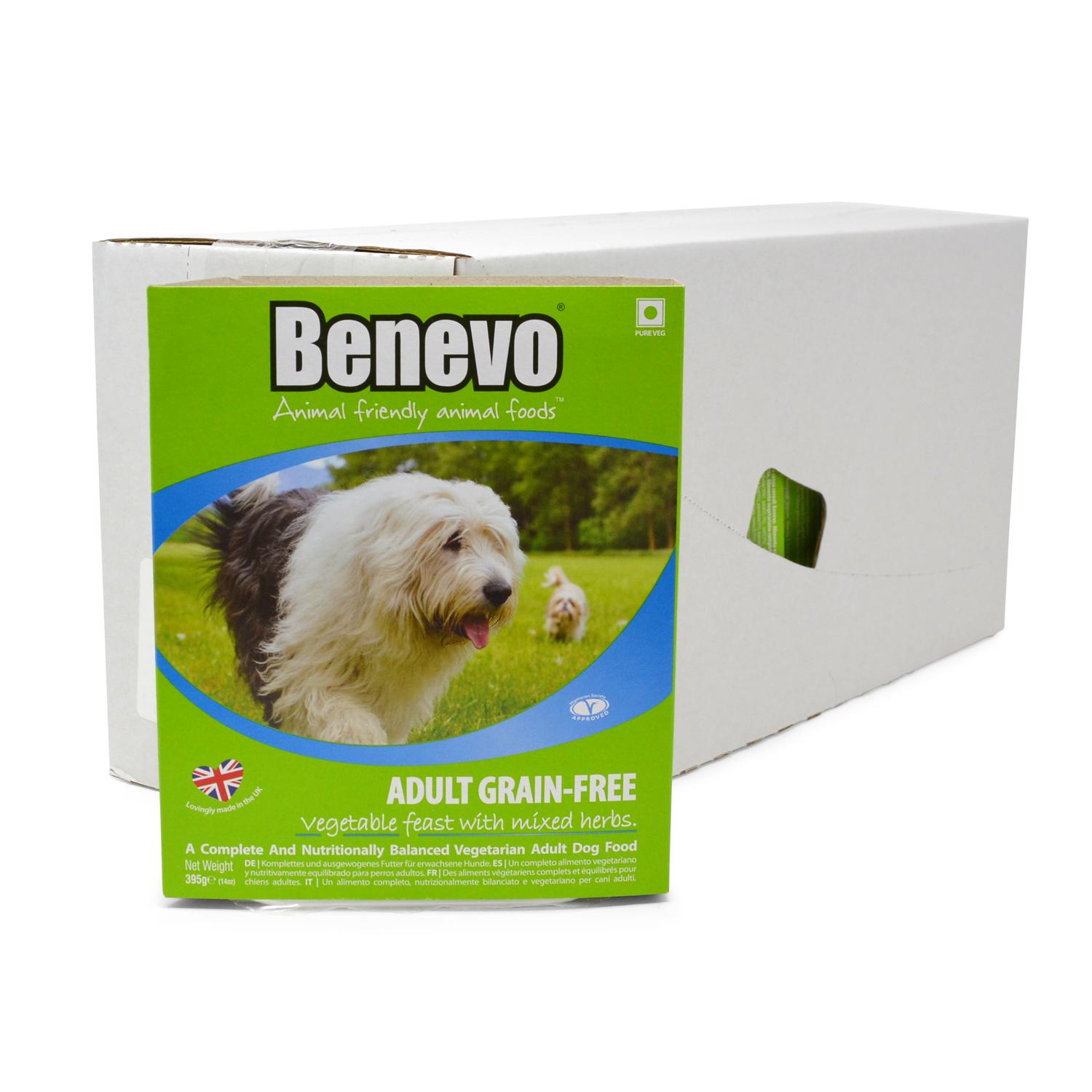 A pack of Benevo Grain Free Vegetable Feast vegan dog food in front of a white case
