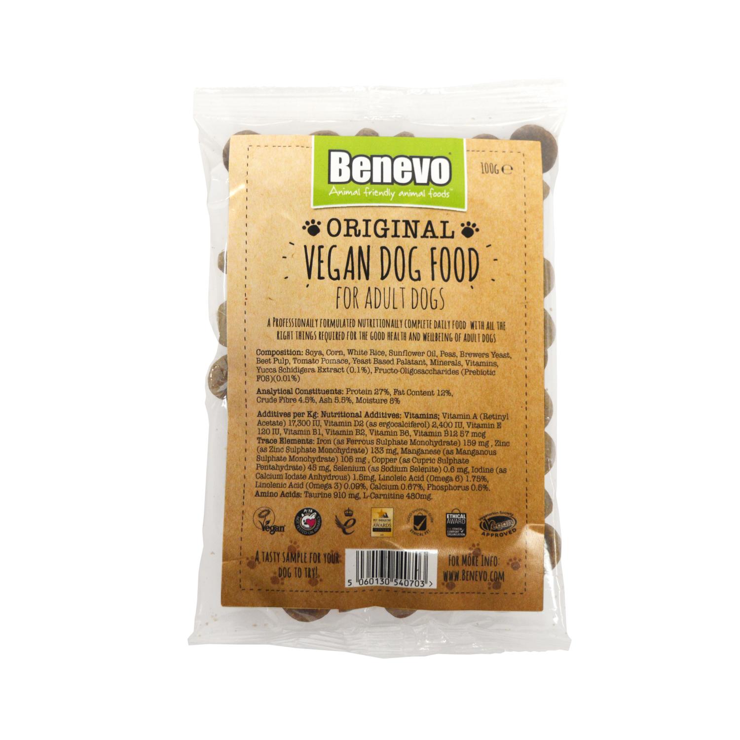 Front of a sample pack of Benevo Original vegan dog food