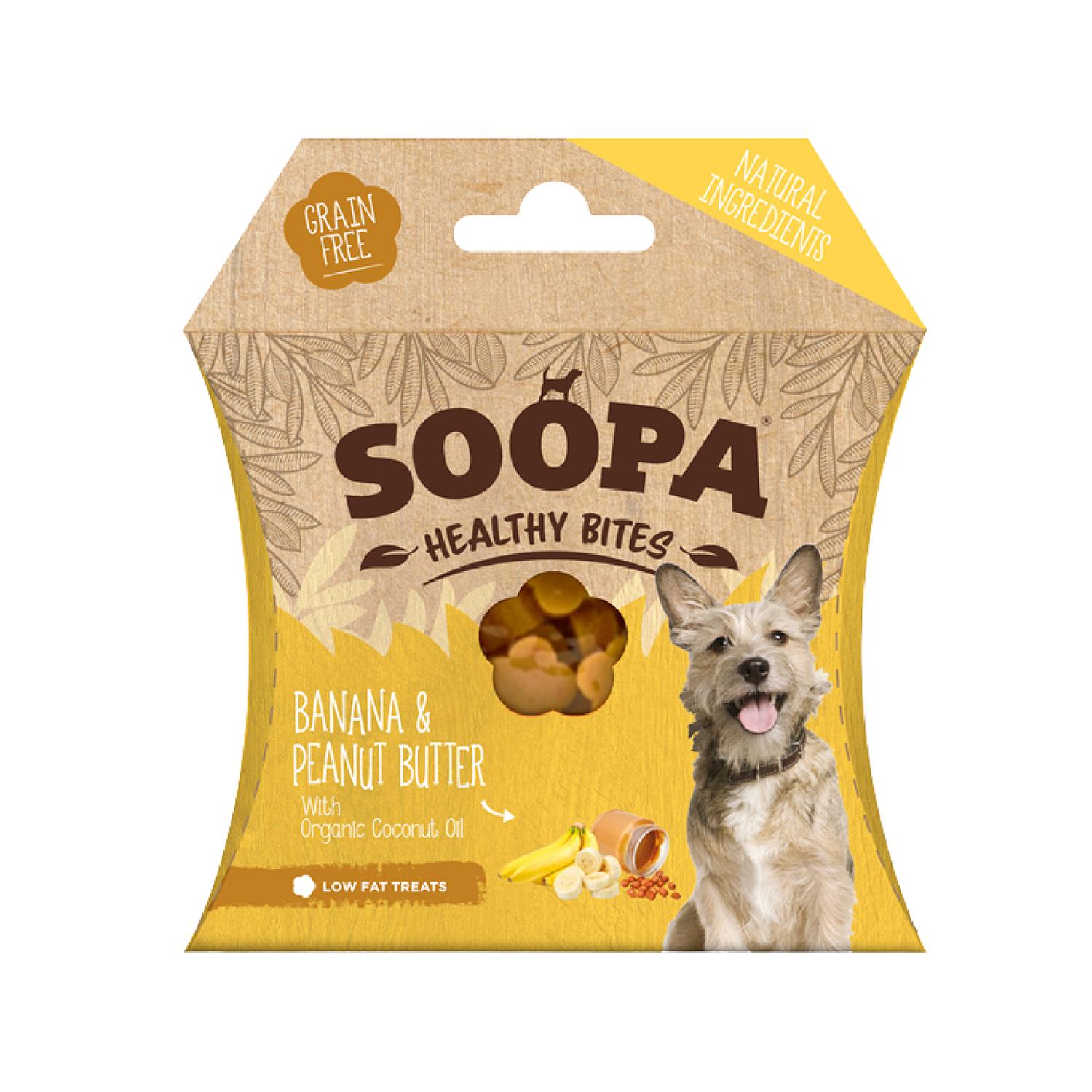 Front of a pack of Soopa Peanut Butter and Banana Healthy Bite Dog Chews