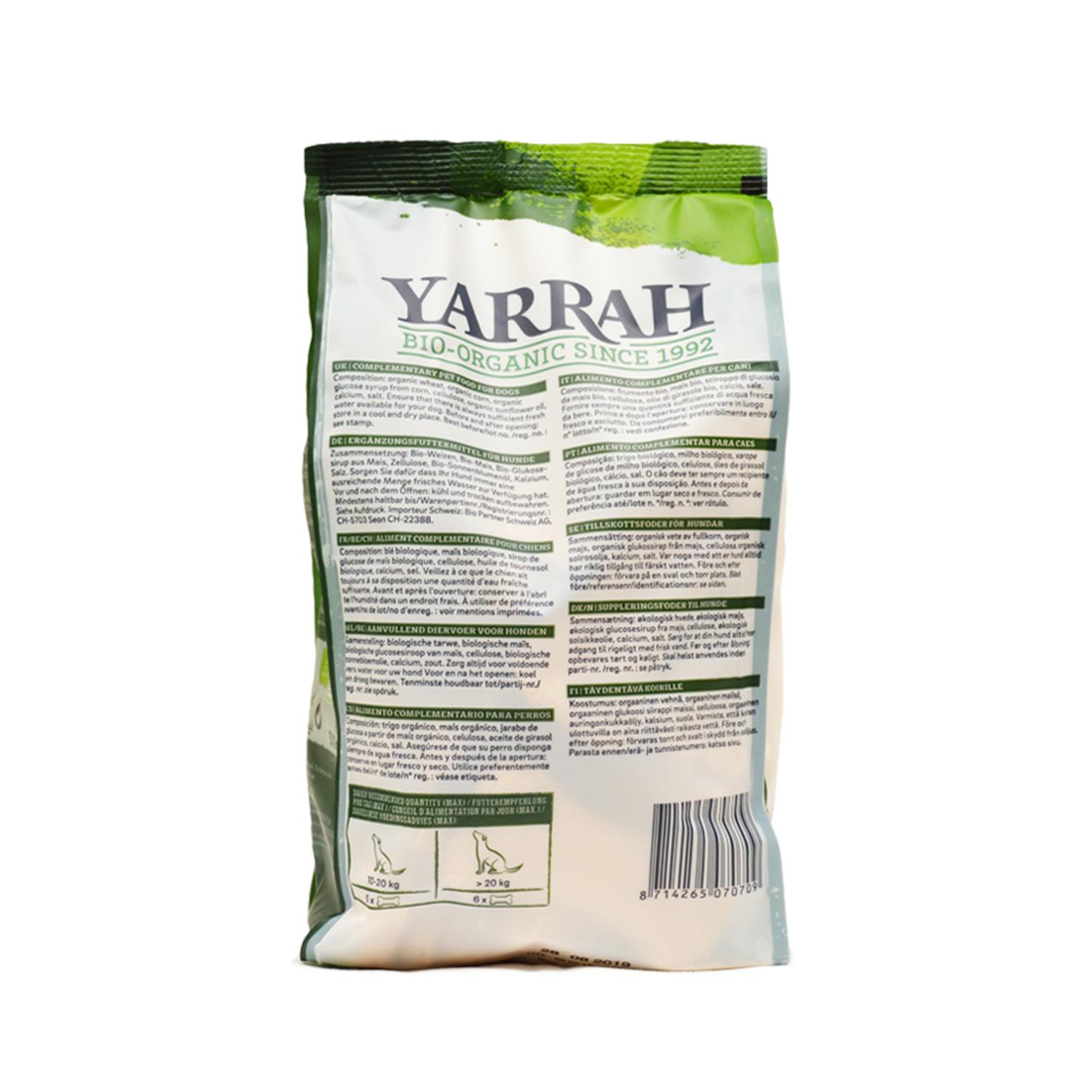 Back of a pack of Yarrah Organic Large Vegan Dog Biscuits