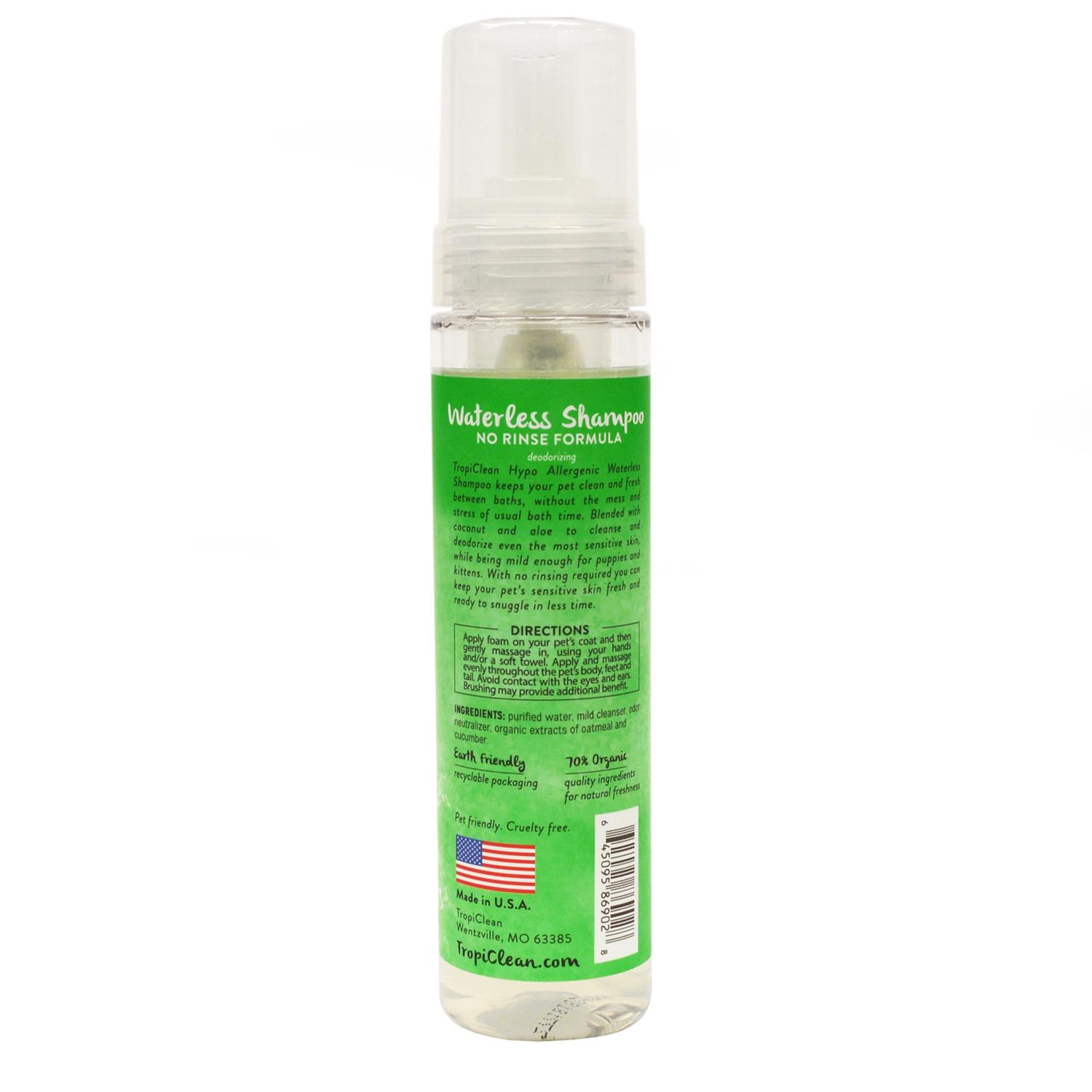 Back of a bottle of Tropiclean Hypoallergenic Waterless Pet Shampoo