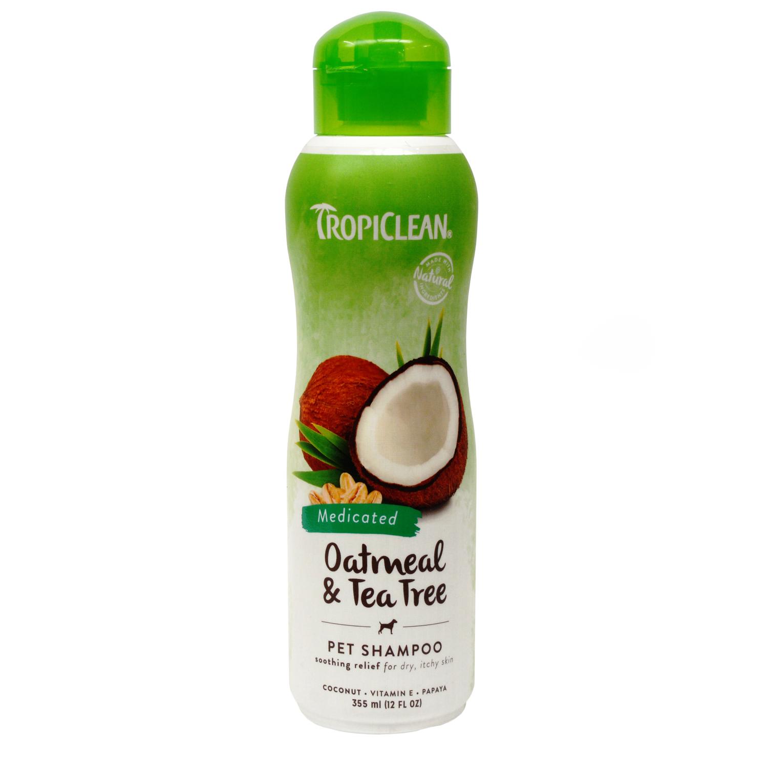 Front of a bottle of Tropiclean Medicated Oatmeal and Tea Tree Pet Shampoo