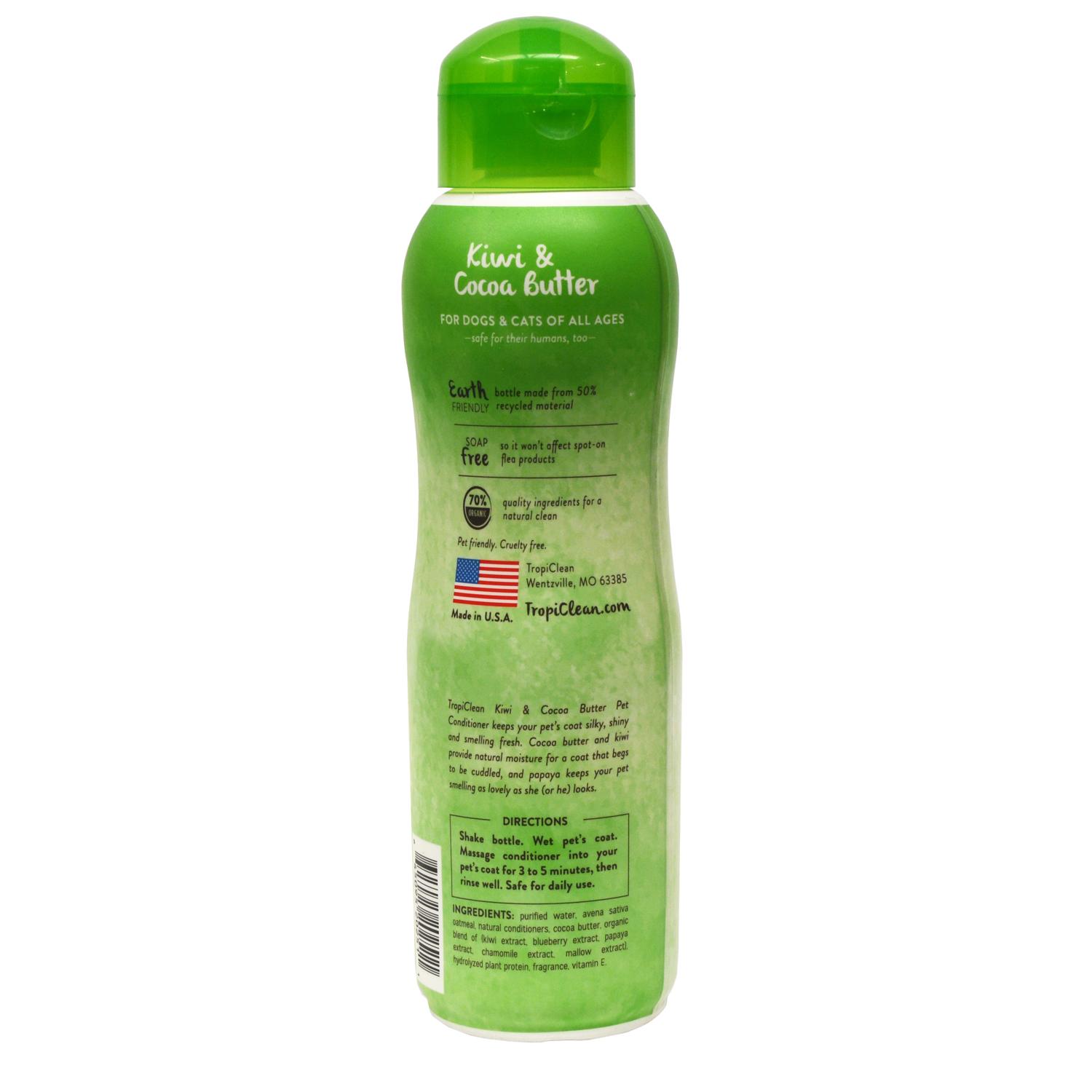 Back of a bottle of Tropiclean Moisturising Kiwi and Cocoa Butter Pet Conditioner