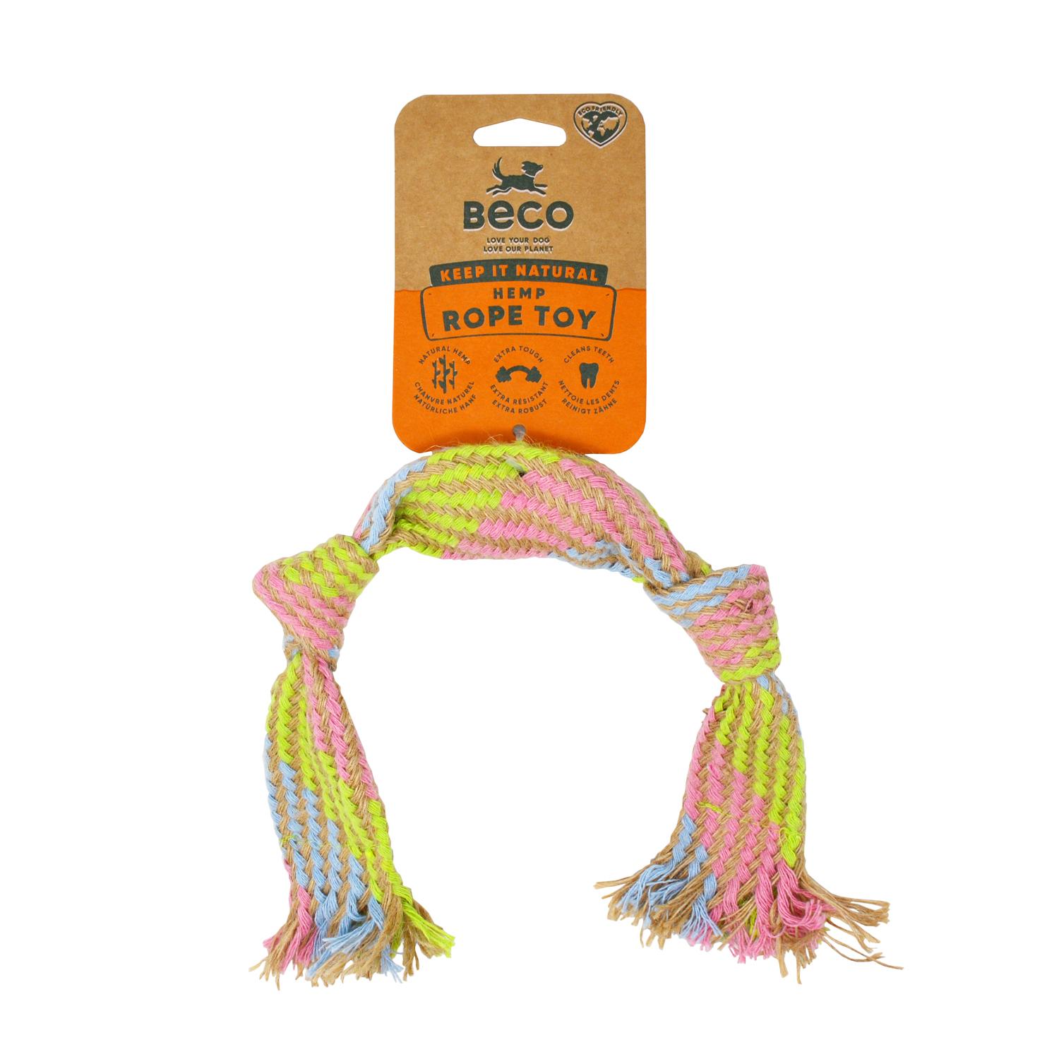 A Beco medium sized hemp rope squeaky dog toy